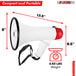 Compact and portable bullhorn mega phone with dimensions (13.5" length, 8" diameter, 9.5" height) and a weight of 3.50 lbs.