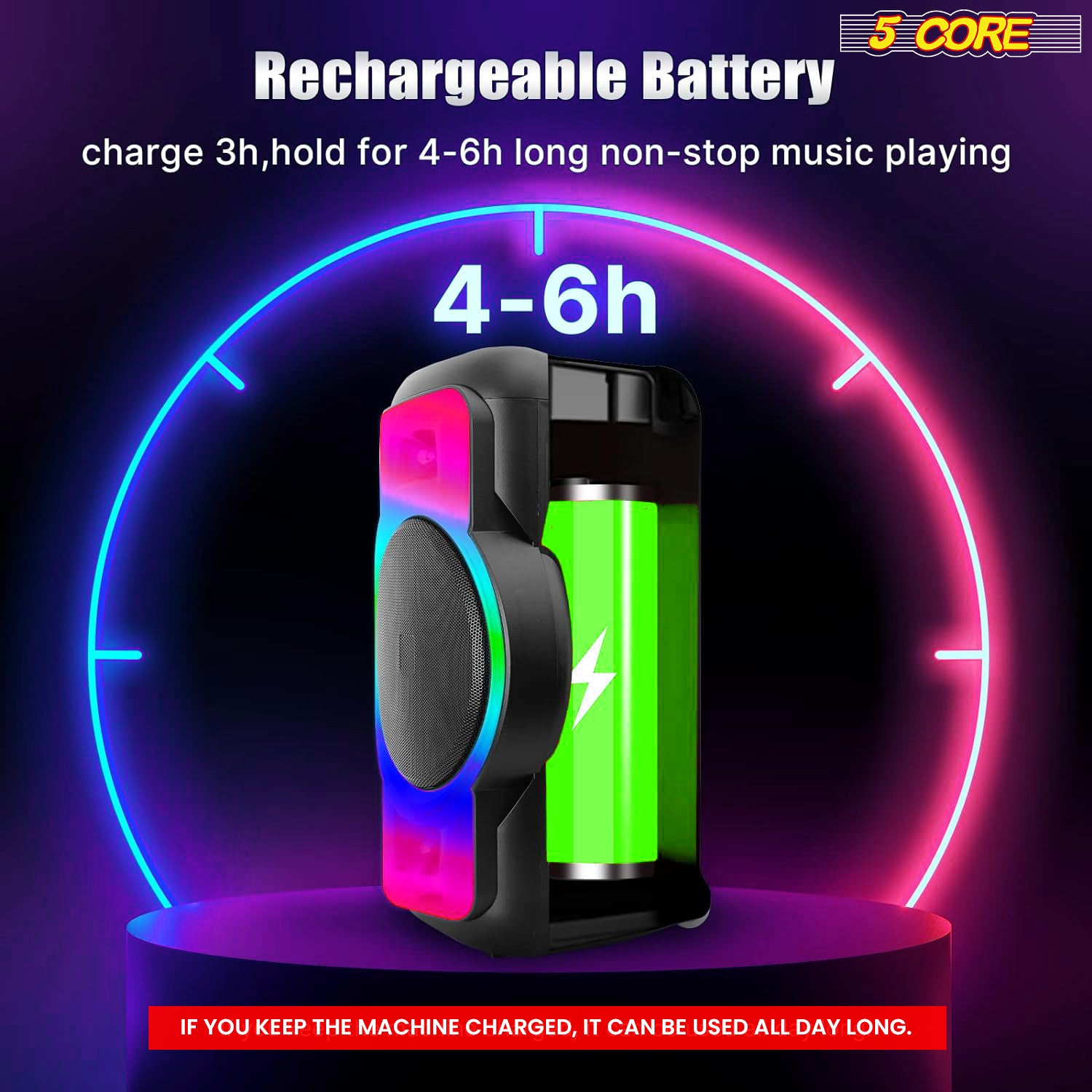 Rechargeable battery offers 4-6 hours of non-stop music at maximum volume.