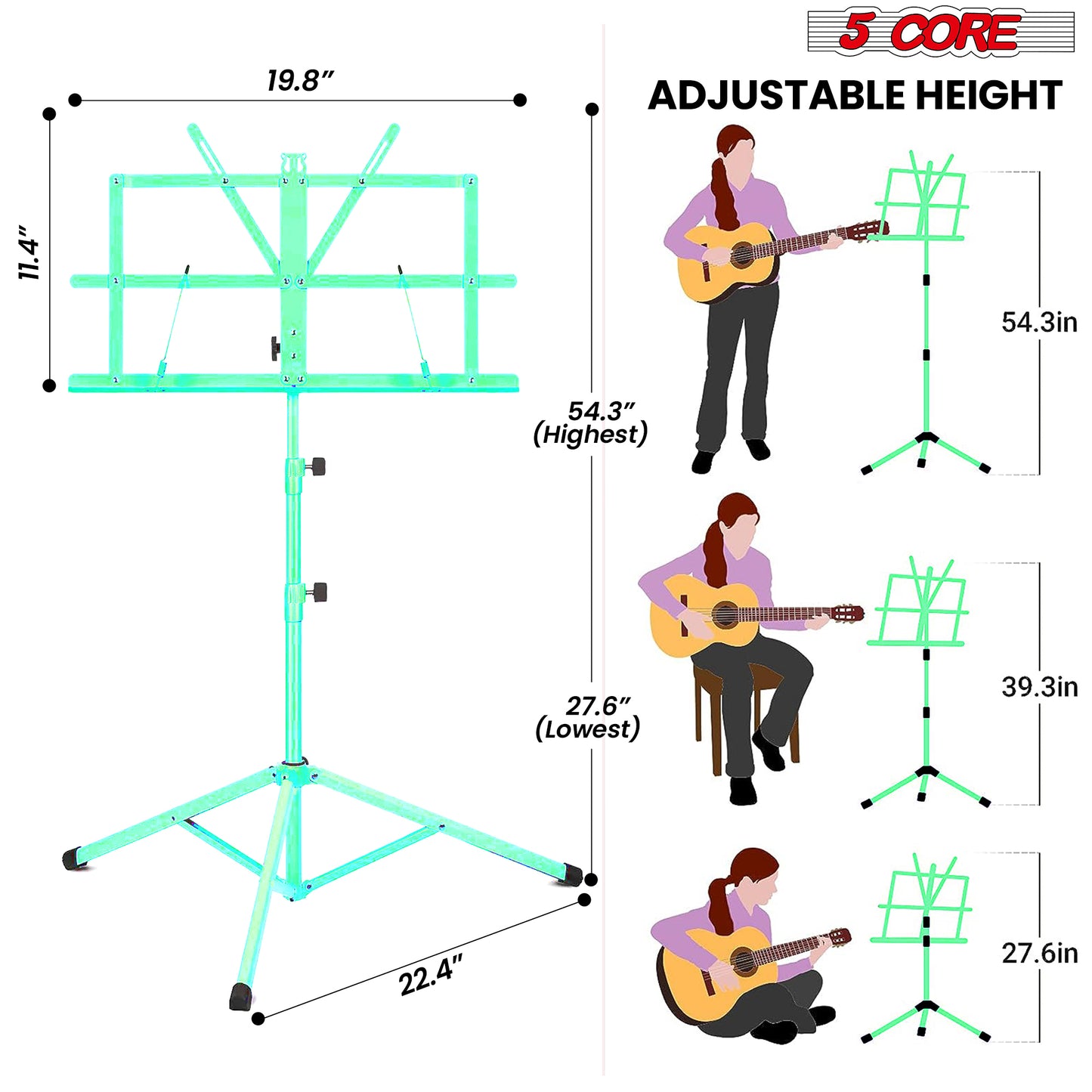 5 Core Music Stand, 2 in 1 Dual-Use Adjustable Folding Sheet Stand Green / Metal Build Portable Sheet Holder / Carrying Bag, Music Clip and Stand Light Included - MUS FLD GR