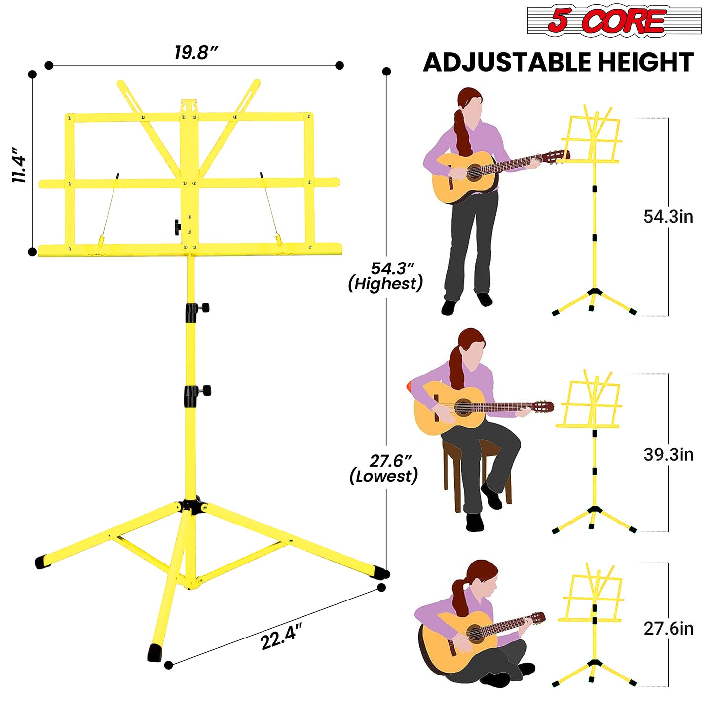 5 Core Music Stand, 2 in 1 Dual-Use Adjustable Folding Sheet Stand Yellow / Metal Build Portable Sheet Holder / Carrying Bag, Music Clip and Stand Light Included - MUS FLD YLW