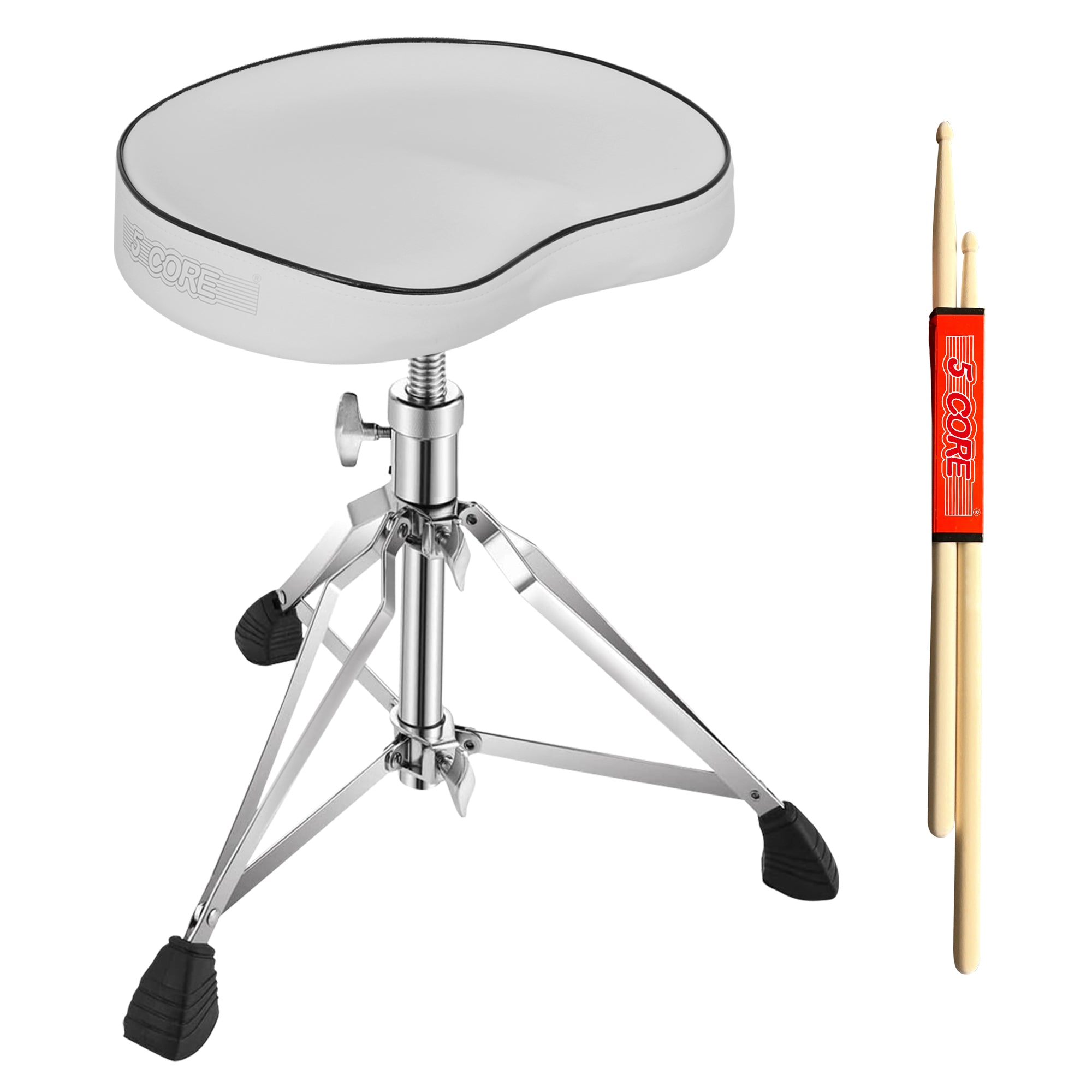 5 Core Drum Throne Saddle White| Heavy Duty Height Adjustable Padded Comfortable Drum Seat| Stools Chair  Style with Double Braced Anti-Slip Feet and Two Drumsticks for Adults Drummers- DS CH WH SDL HD