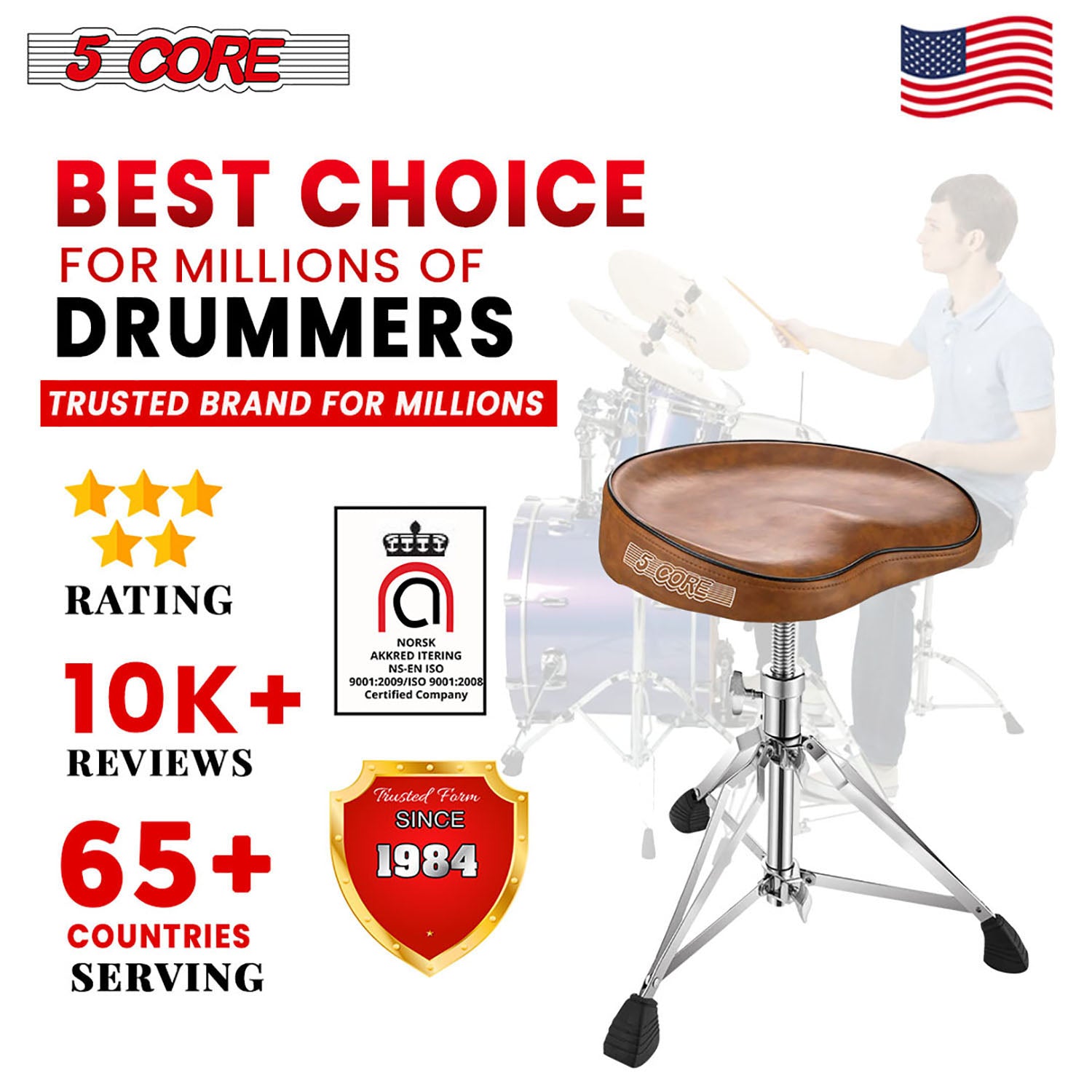 5 Core Drum Throne: Comfortable padded stool with height adjustment for drummers.