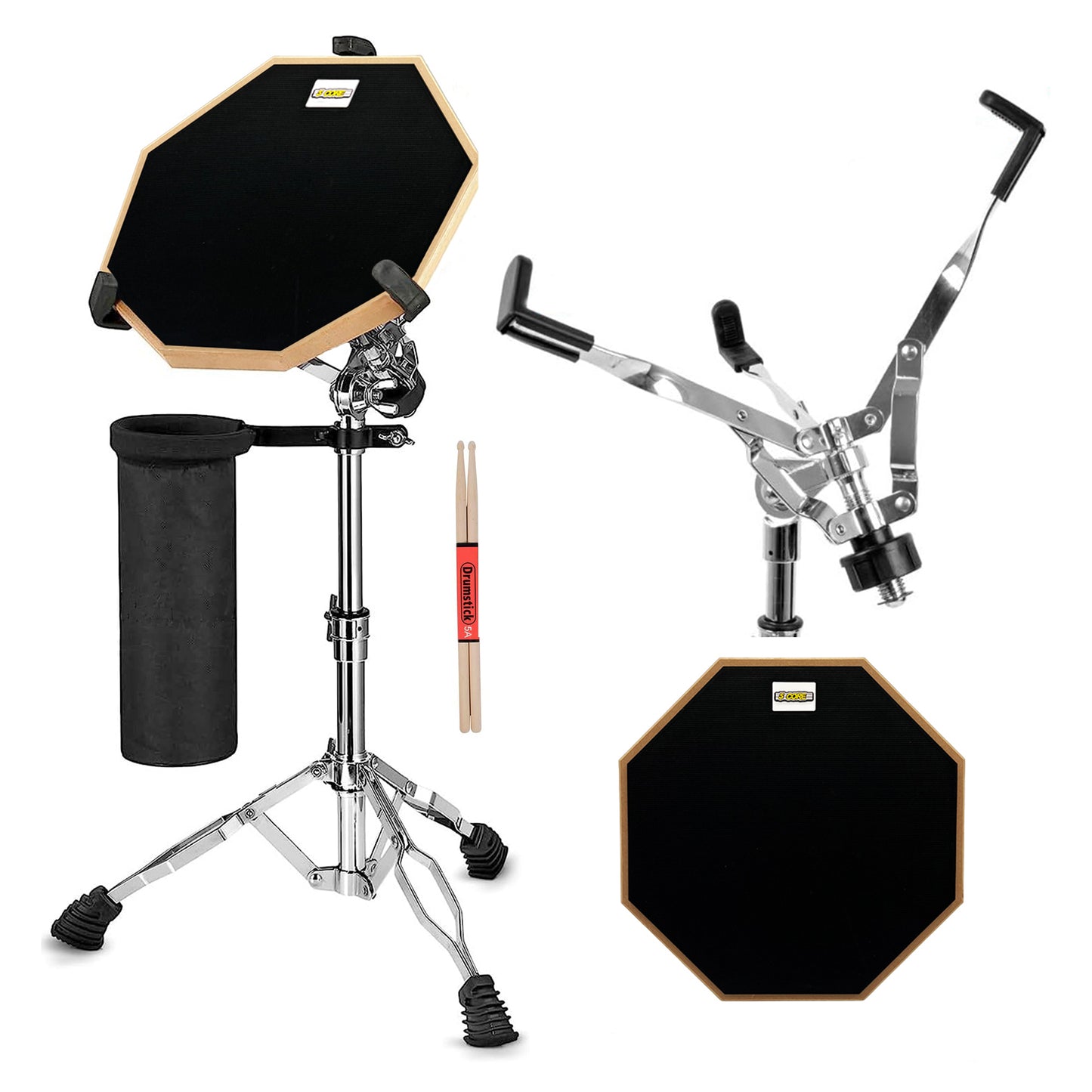 5 Core Drum Practice Pad with Snare Drum Stand Black/ Foldable Drum Pad Set/ Adjustable Drum Stand with Double Sided Silent Practice Pad Kit with Drum Sticks, Drumstick Holder- DPAD COMBO