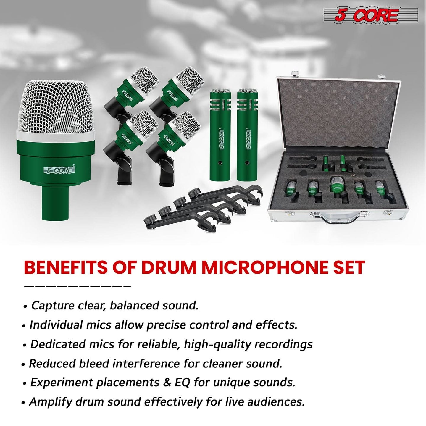 Complete drum microphone set provides a versatile solution for drummers and sound engineers.