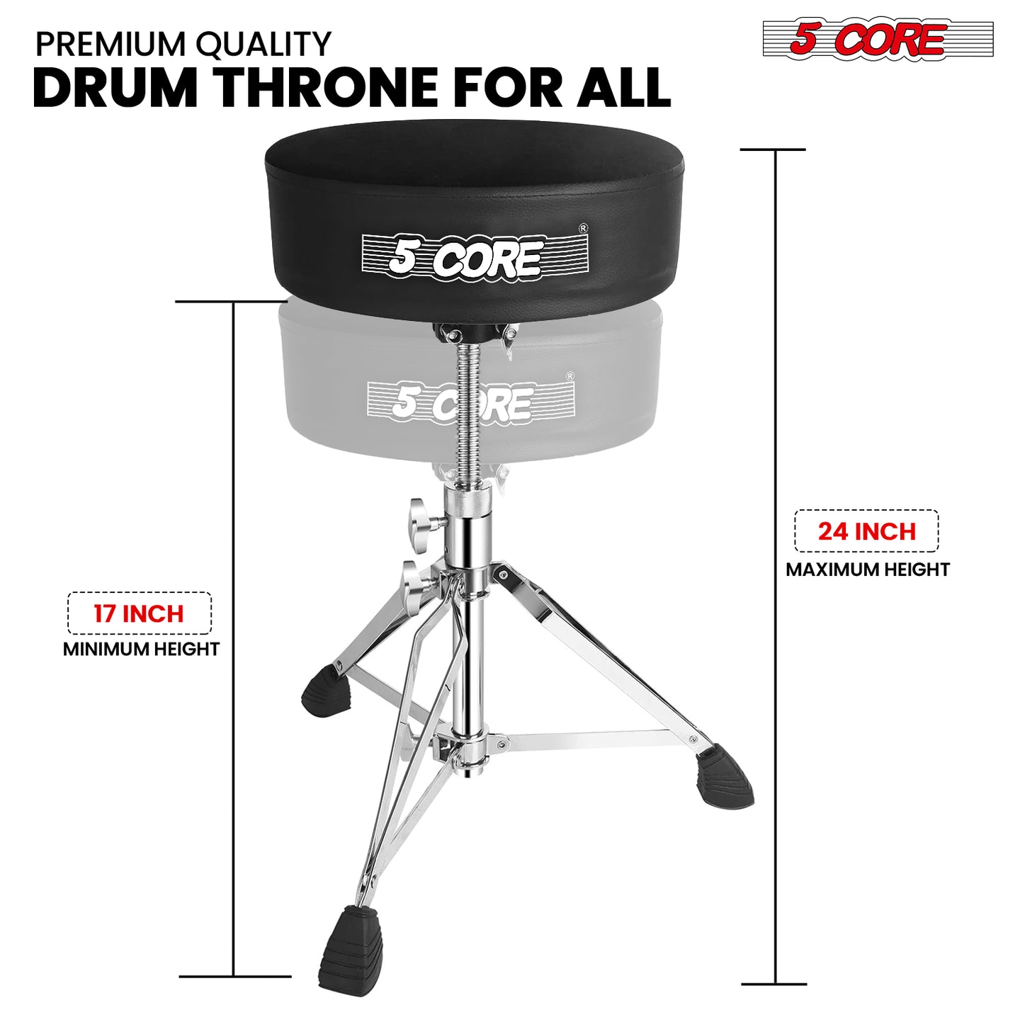 Adjustable drummers seat with a padded round cushion, sturdy tripod base, and non-slip rubber feet.