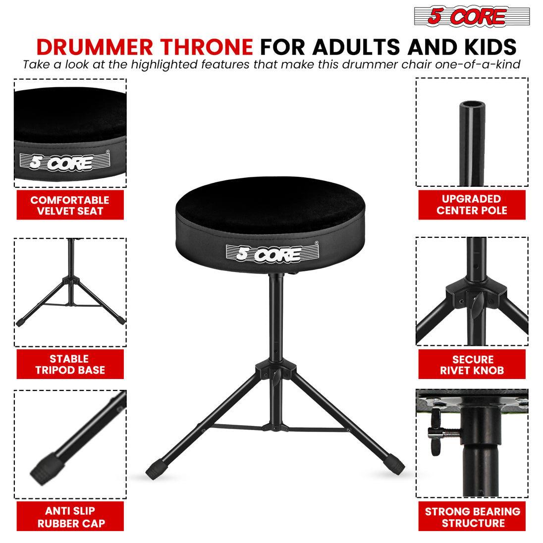 Drum chair with a wide seat, offering ample space and support for drummers of all skill levels.