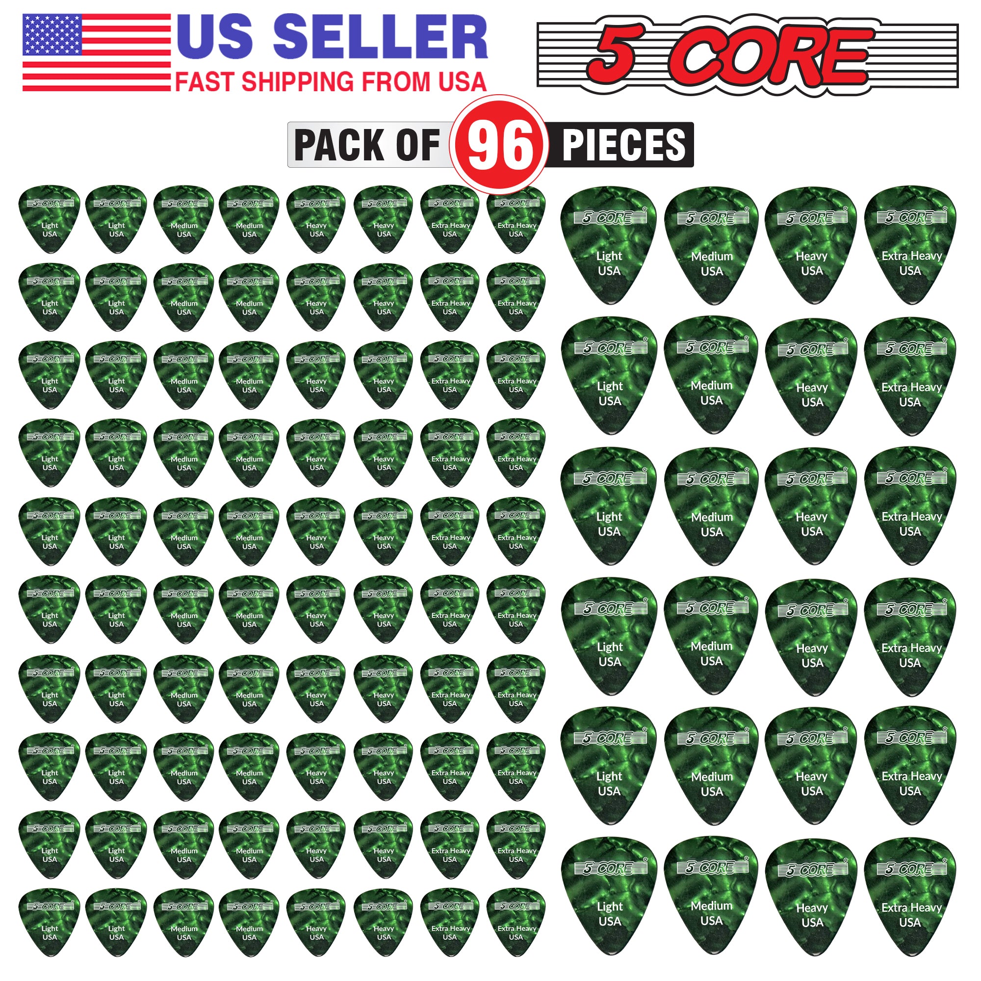 5 Core Guitar Picks | Green Color Picks for Guitar 96 Pcs | Light, Medium, Heavy, and Extra Heavy Gauge| Durable Premium Celluloid Guitar Picks 0.46mm to 1.2mm- G PICK ALL GR 96PK