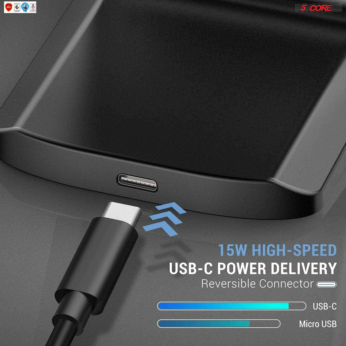Fast wireless charger with 10W max output: ideal for charging smartphones, tablets, and other Qi-enabled devices.