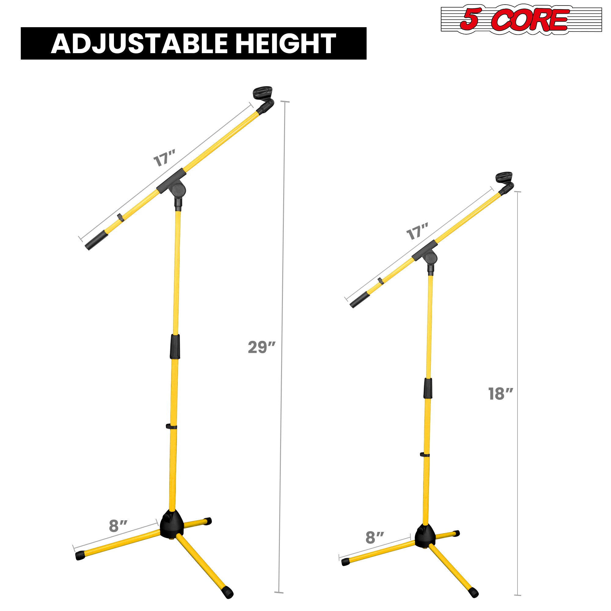 5 Core Mic Stand Yellow 1 Piece Collapsible Height Adjustable Up to 6ft Metal Microphone Tripod Stand w Boom Arm Para Microfono for Singing Karaoke Speech Stage Recording - MS 080 YLW