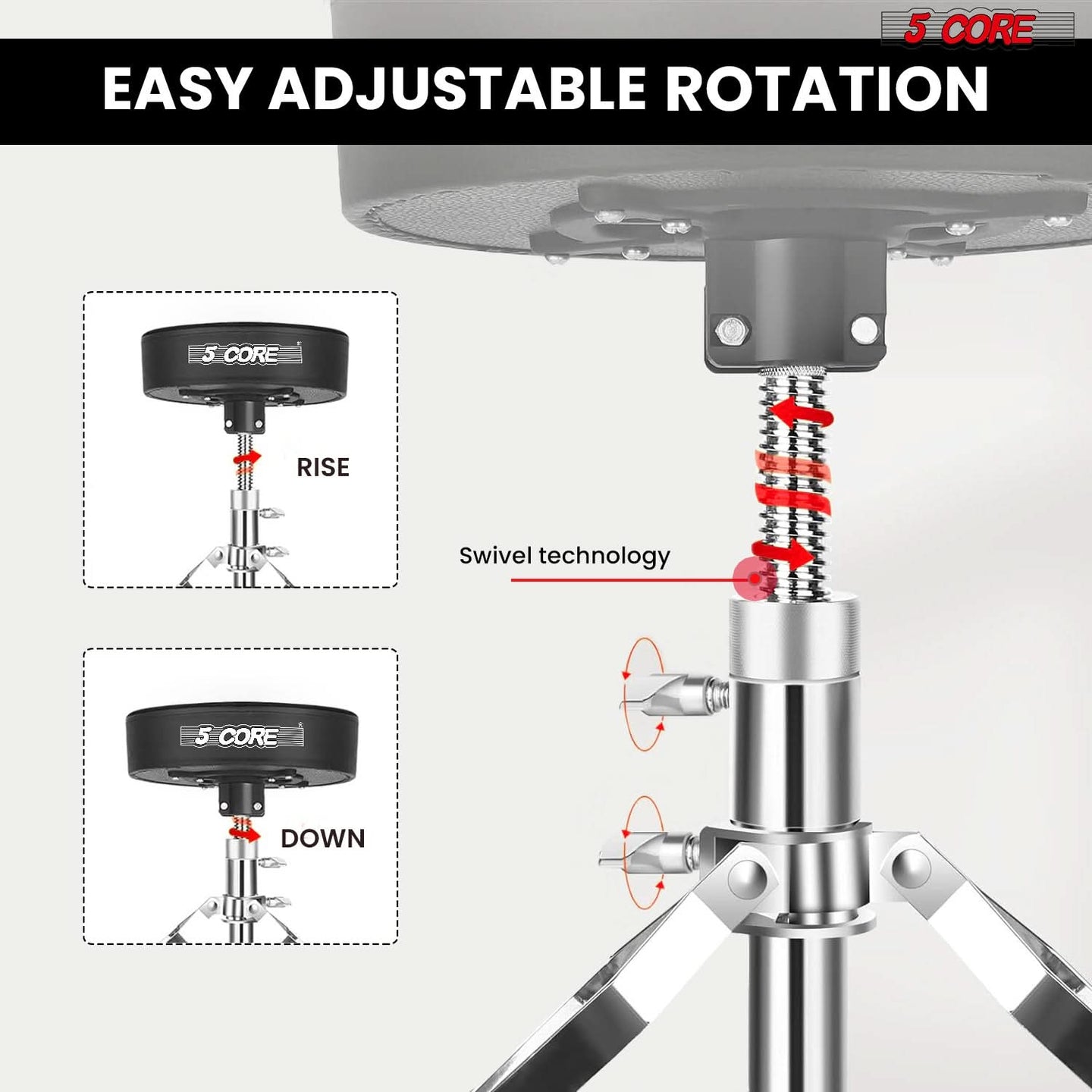 Adjustable drum seat with 360-degree rotation, sturdy metal frame, and cushioned padding for comfort.