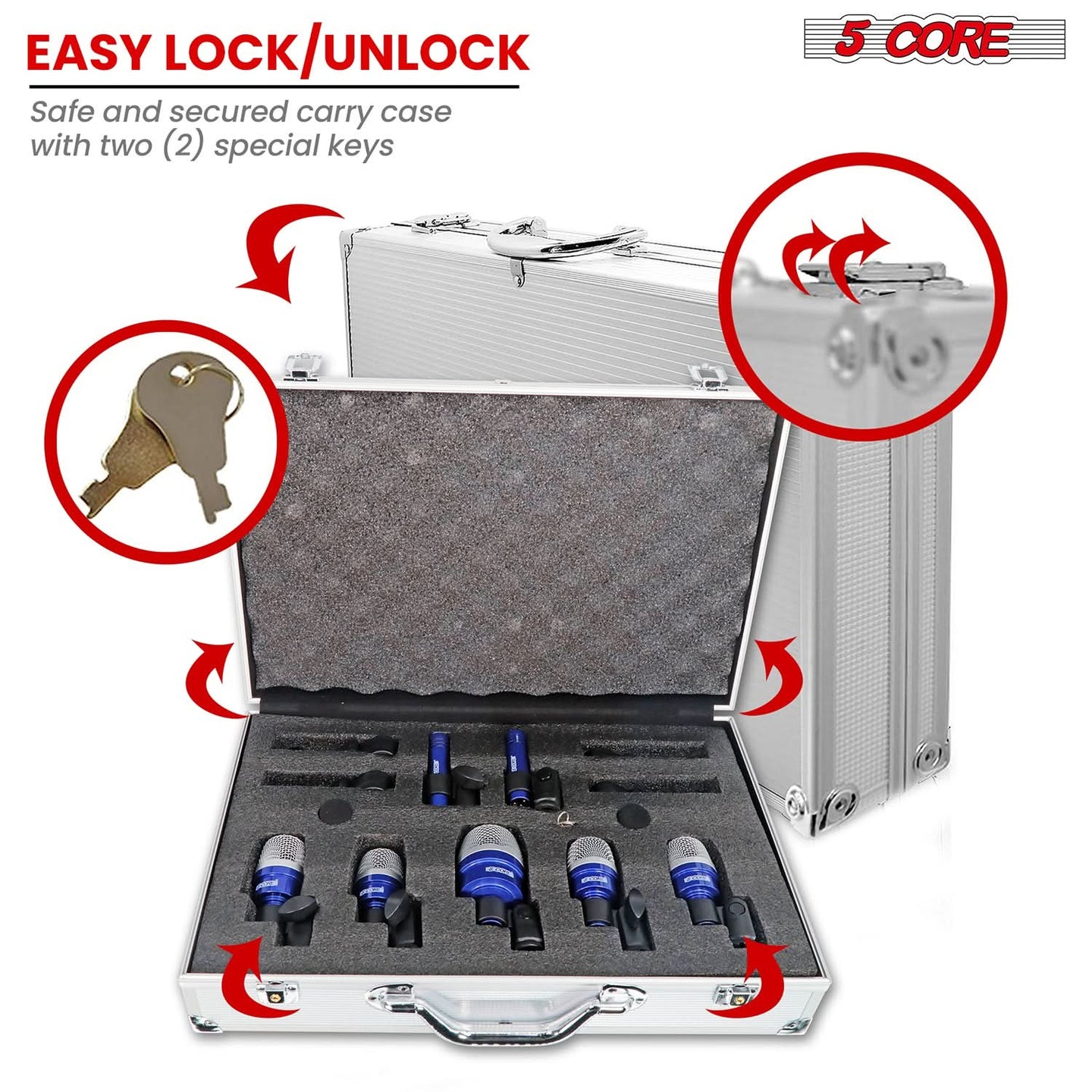 Drum mics with an easy lock and unlock system for quick setup and adjustments.