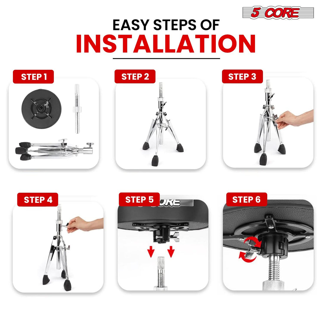 Drum throne chair with easy installation, featuring a quick setup design, stable base, and cushioned seat.