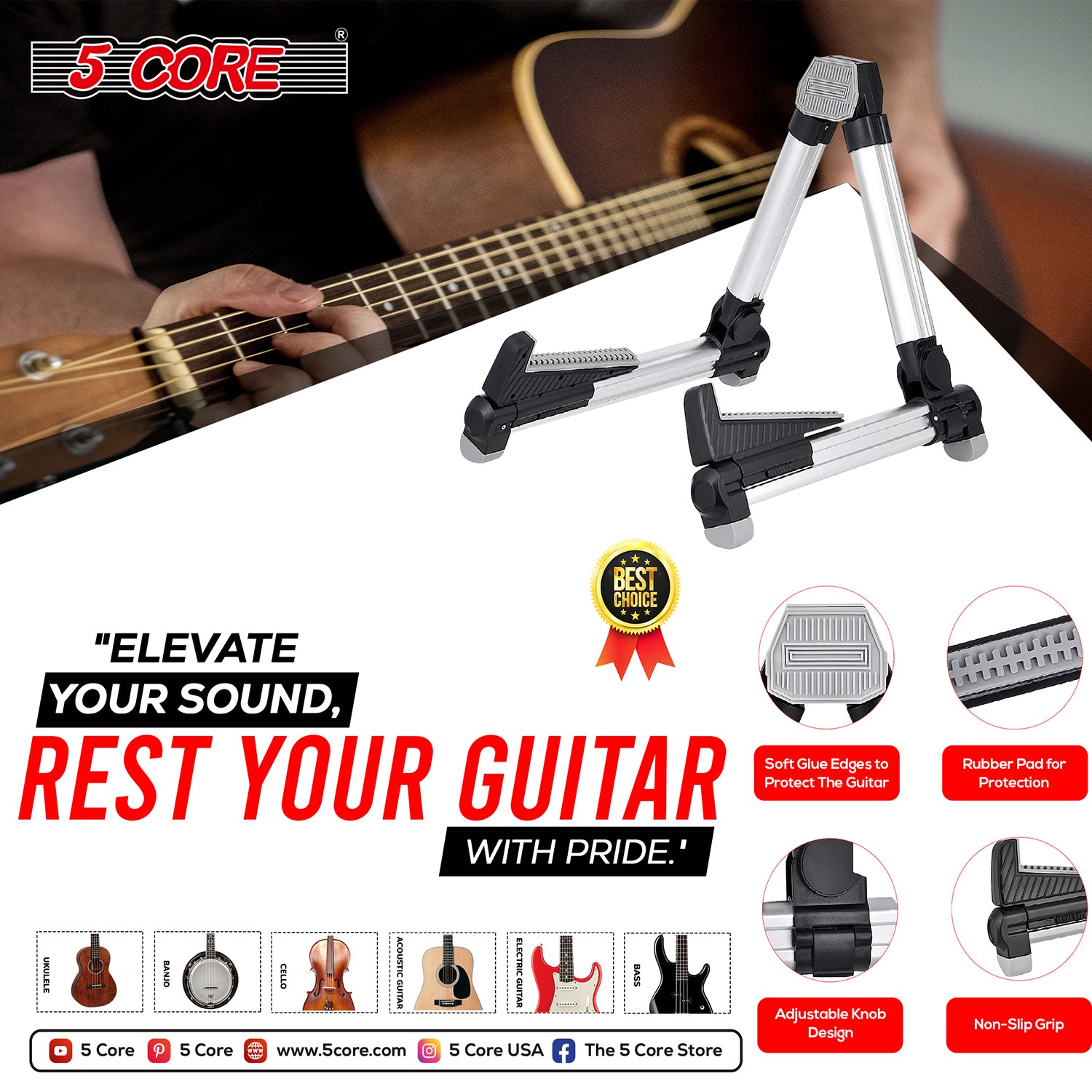 5Core Guitar Stand Floor Silver A-frame Aluminium Folding Guitar Holder w Secure Lock & Soft Padding