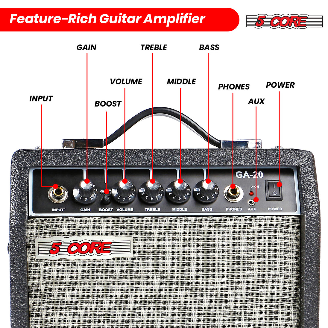 Feature-rich guitar amplifier with powerful sound, 3-band EQ, multiple inputs, and a compact portable design.