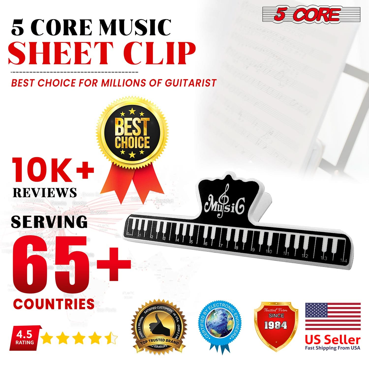 5Core Music Sheet Page Holder Clip 2PCS Black Durable Plastic Music Score Fixed Clips