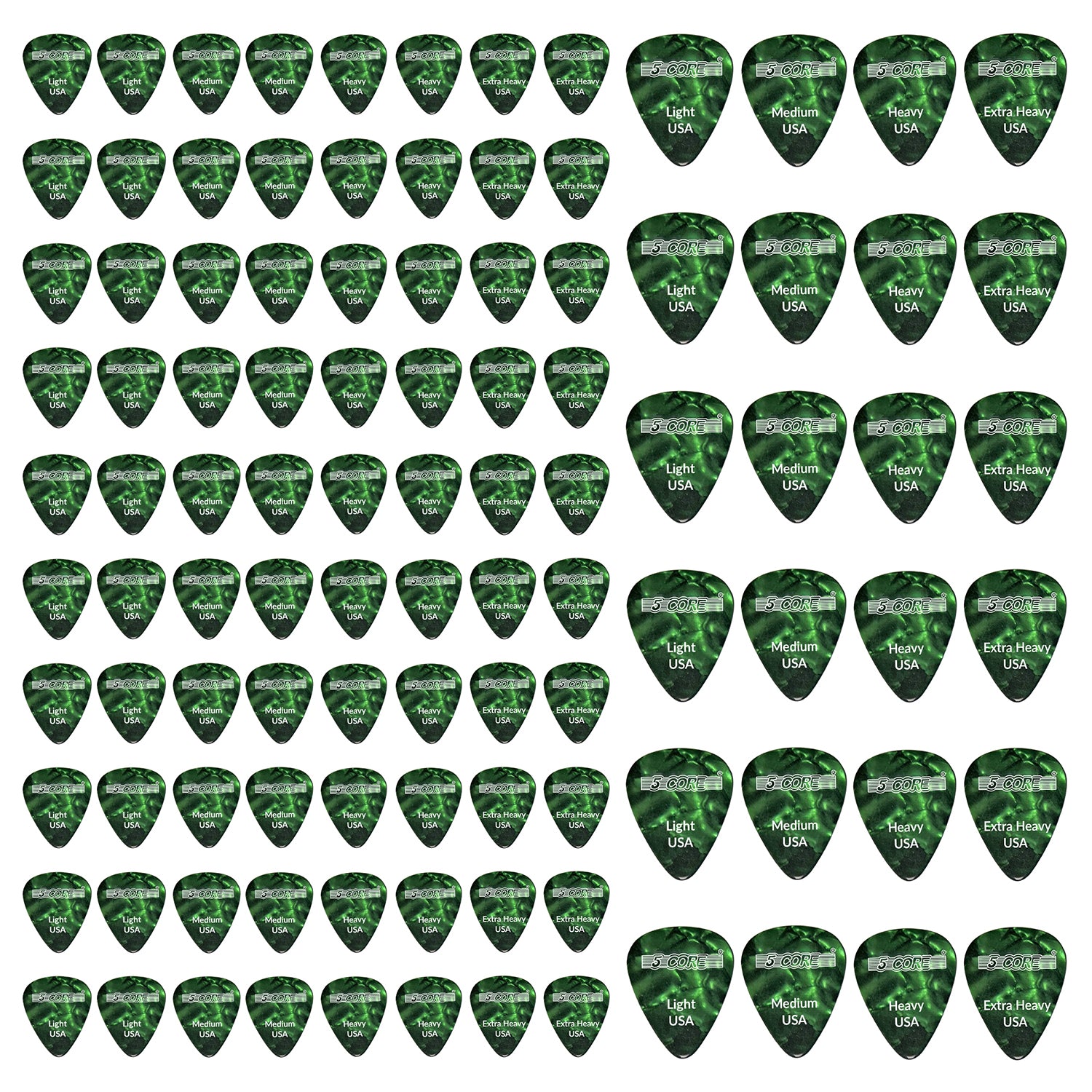 5 Core Celluloid Guitar Picks 96 Pack Green Light Medium Heavy Extra Heavy Gauge Plectrums for Acoustic Electric Bass Guitar