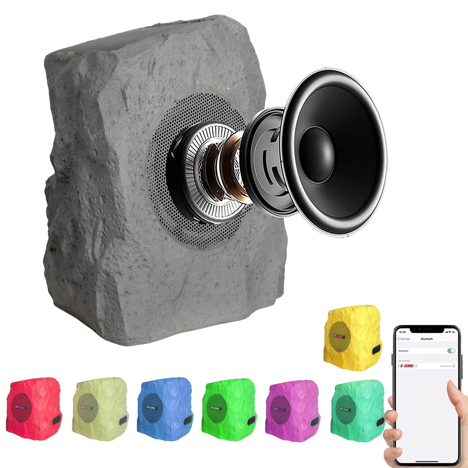 5 Core Outdoor Bluetooth Wireless Rock Speaker TWS Patio Garden Speakers Rechargeable w LED 1/2/4 Pc Gray