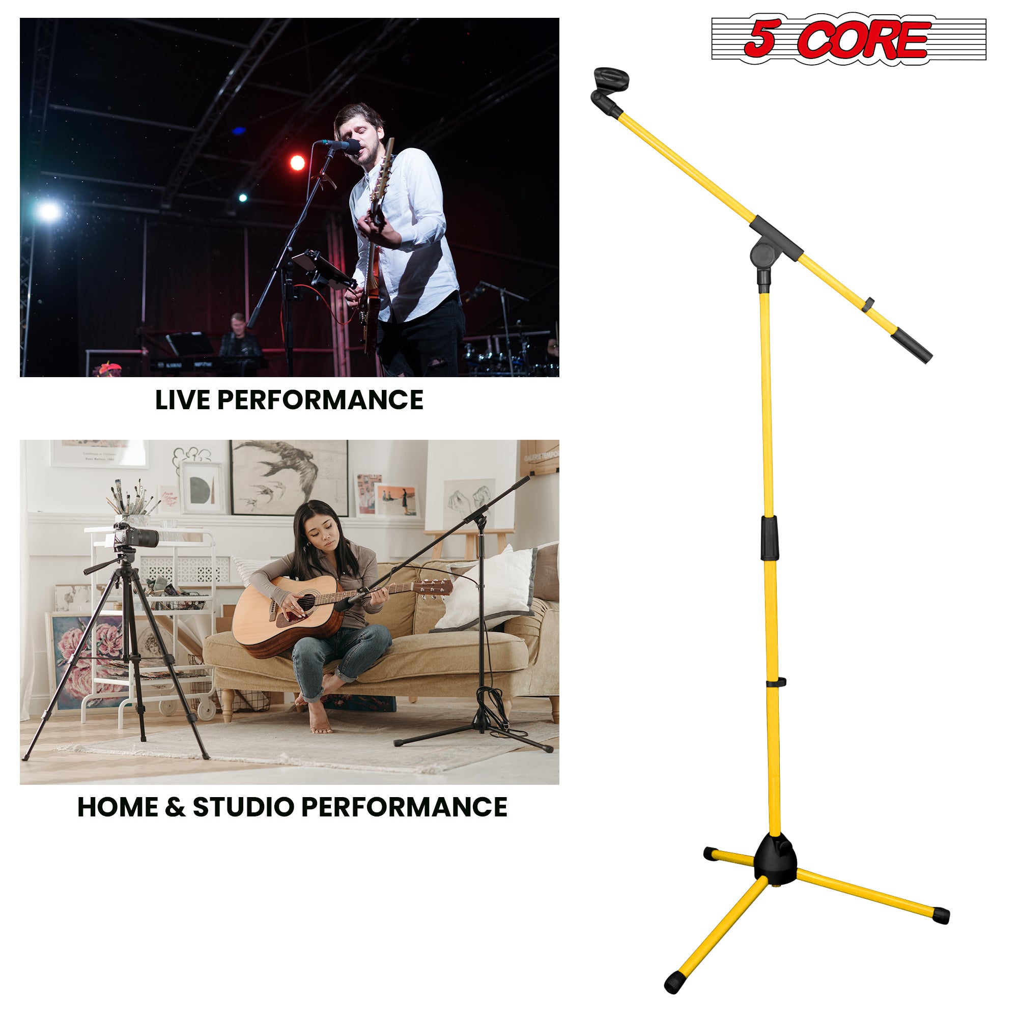 5 Core Mic Stand Yellow 1 Piece Collapsible Height Adjustable Up to 6ft Metal Microphone Tripod Stand w Boom Arm Para Microfono for Singing Karaoke Speech Stage Recording - MS 080 YLW