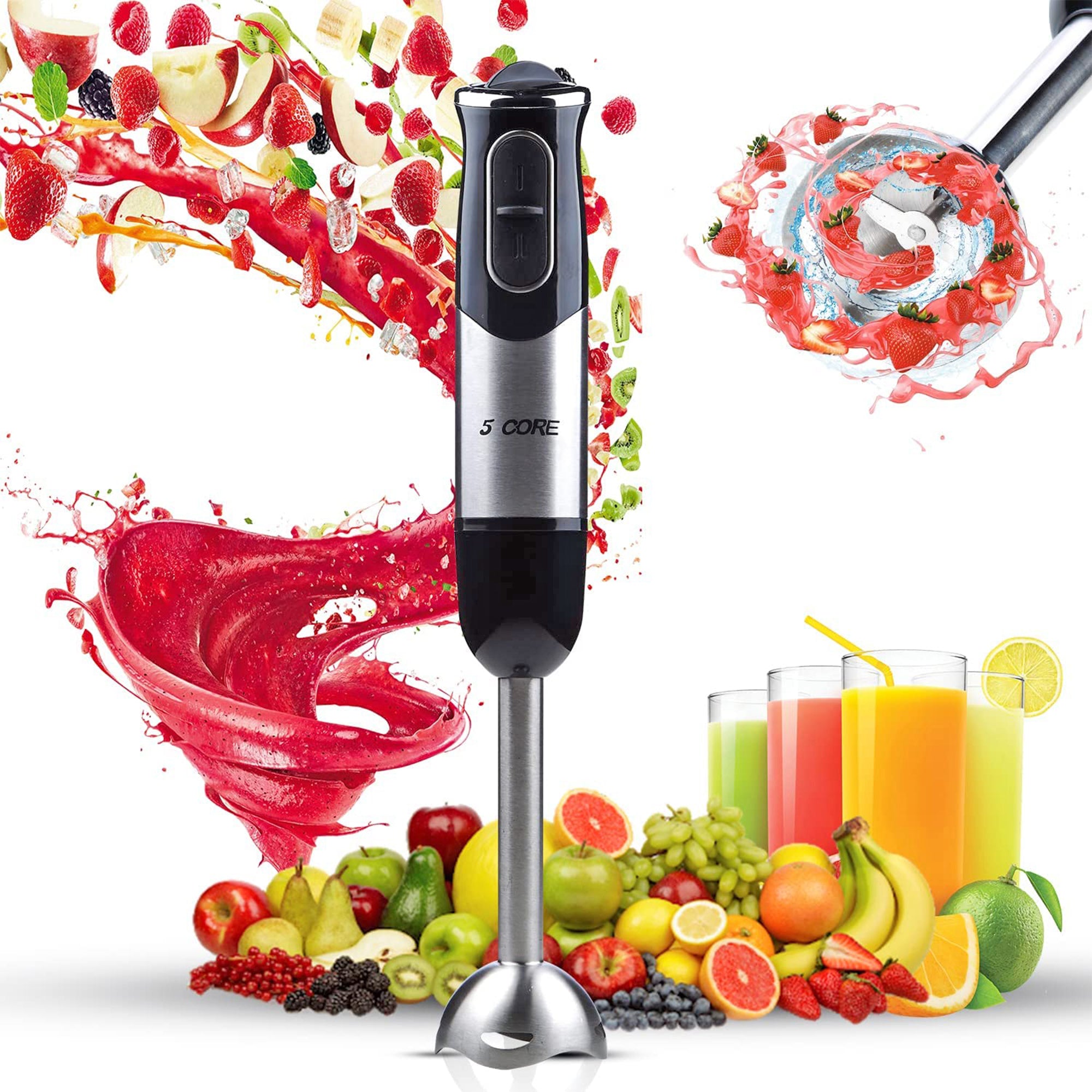 5 Core 500W Immersion Blender Handheld w/ Stainless Steel Blades, High-Performance Motor