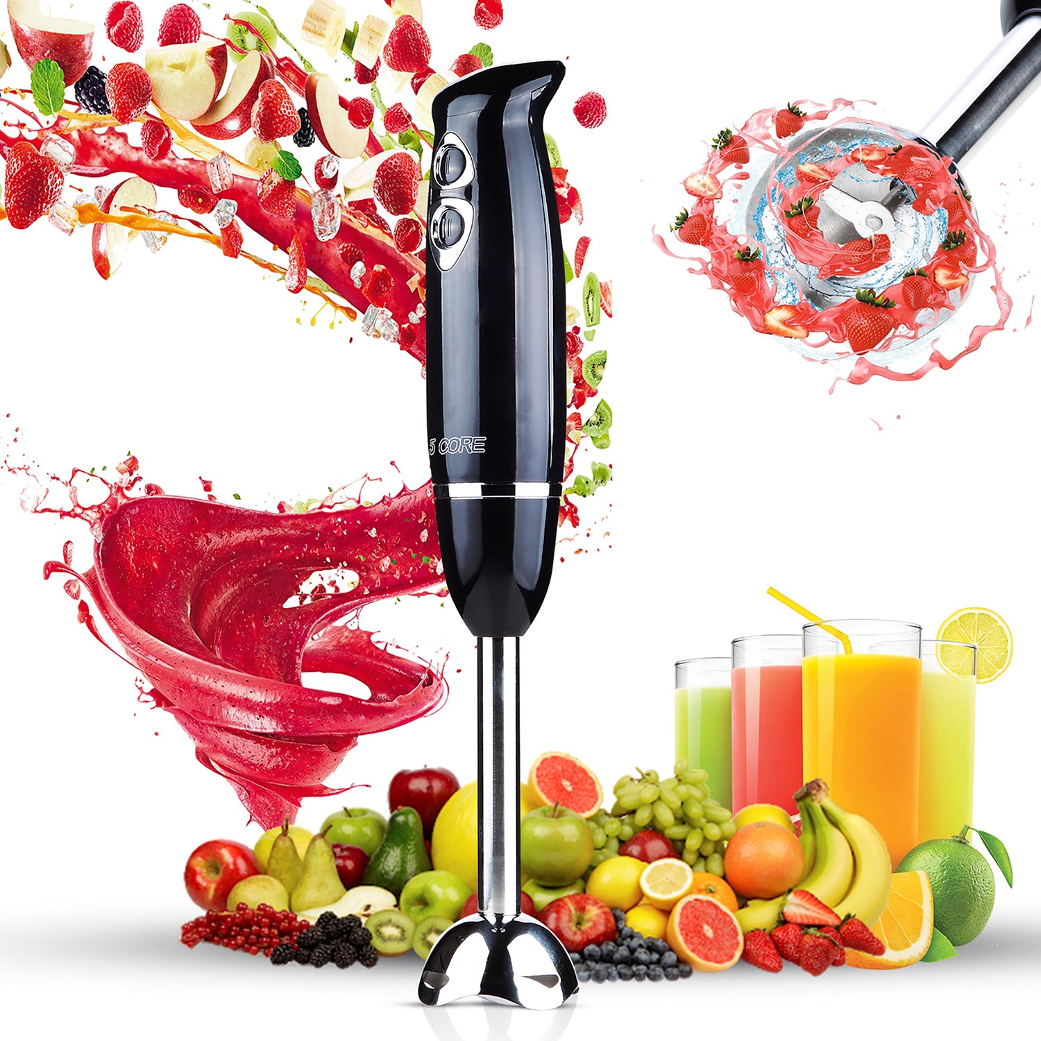 5Core Immersion Hand Blender 500W Electric Handheld Mixer w 2 Mixing Speed for Smoothies Puree