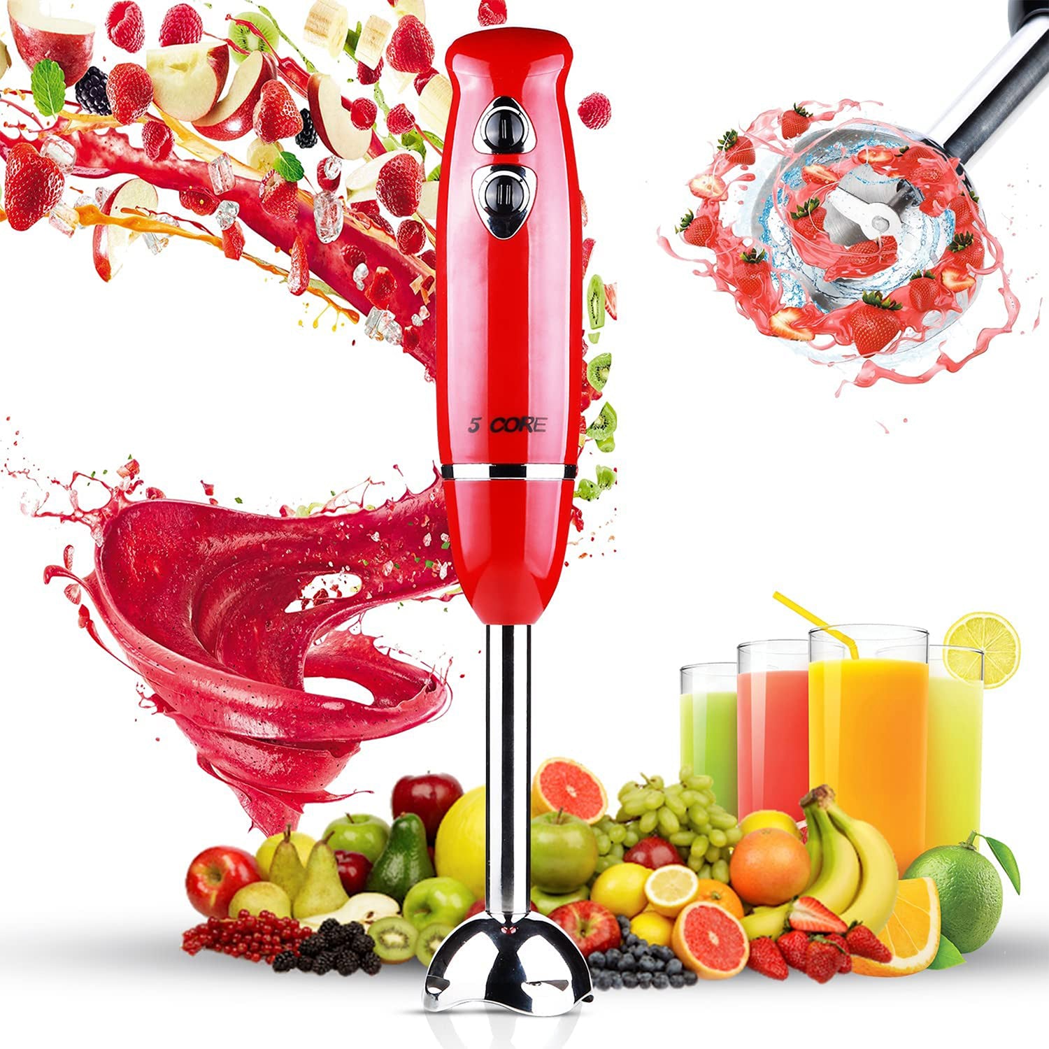 5Core Immersion Hand Blender 500W Electric Handheld Mixer w 2 Mixing Speed for Smoothies Puree