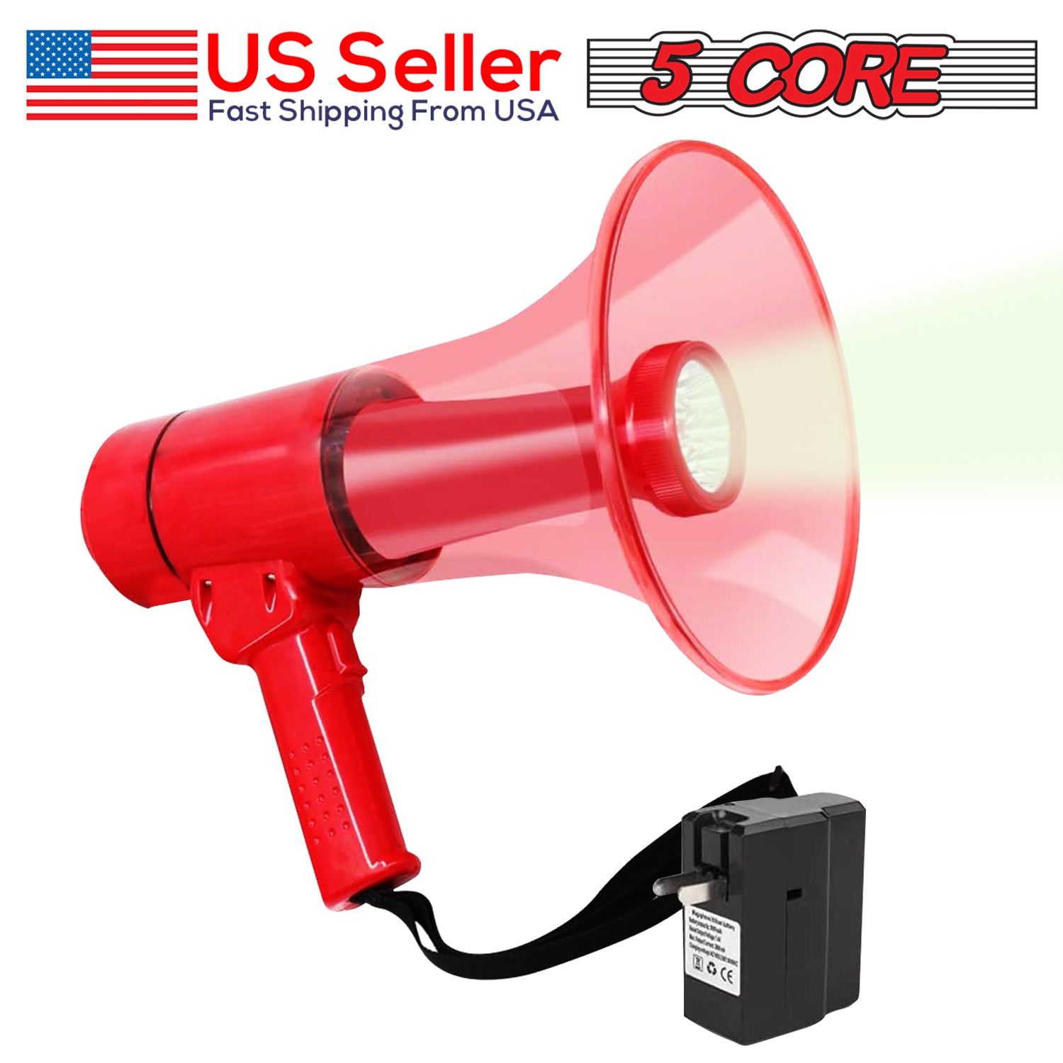 In-use perspective of the red 5 Core 50W bullhorn, demonstrating its versatility and reliability.