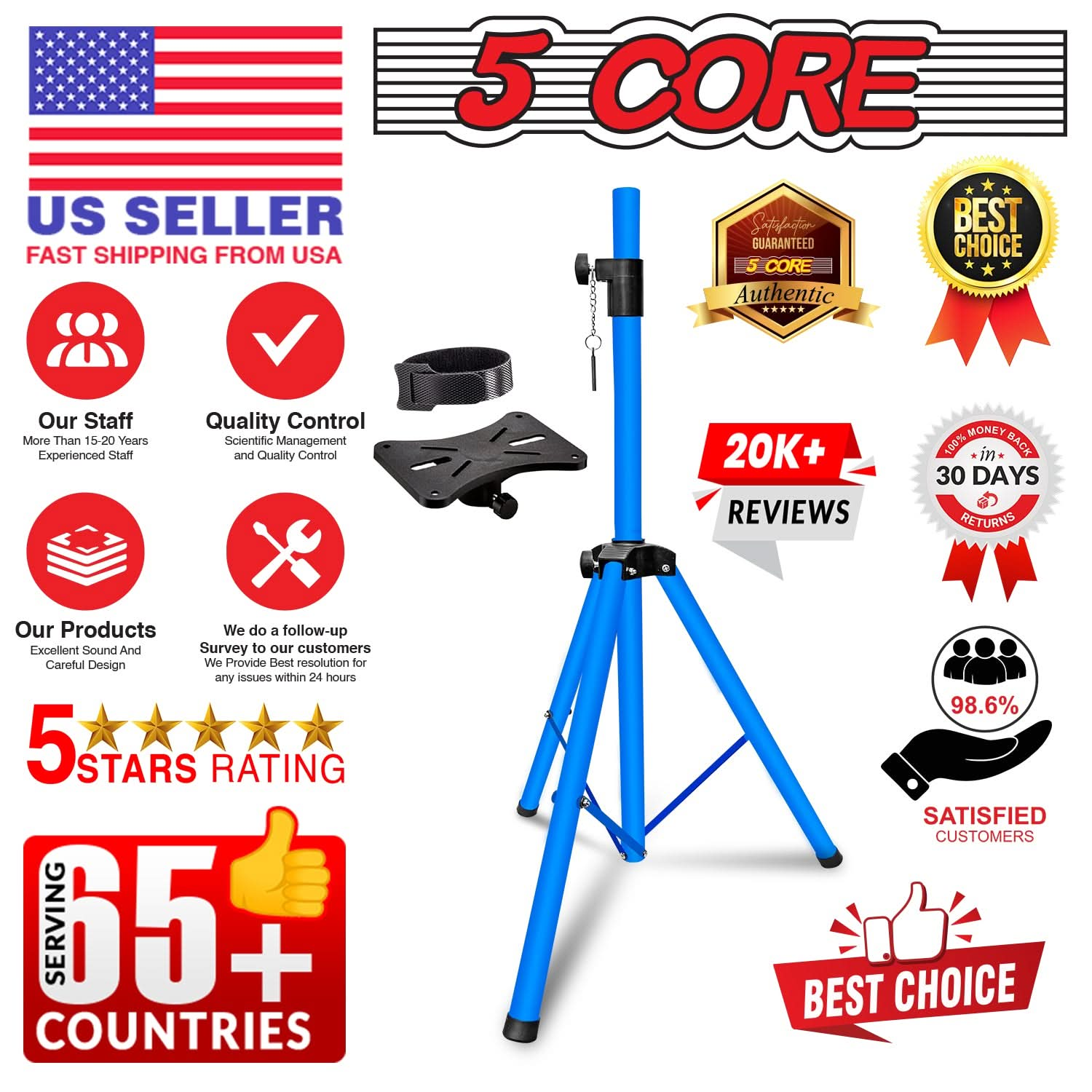 5Core Speaker Stand Tripod Tall Adjustable 72 Inch DJ Studio Monitor Stands Pole Mount BLACK