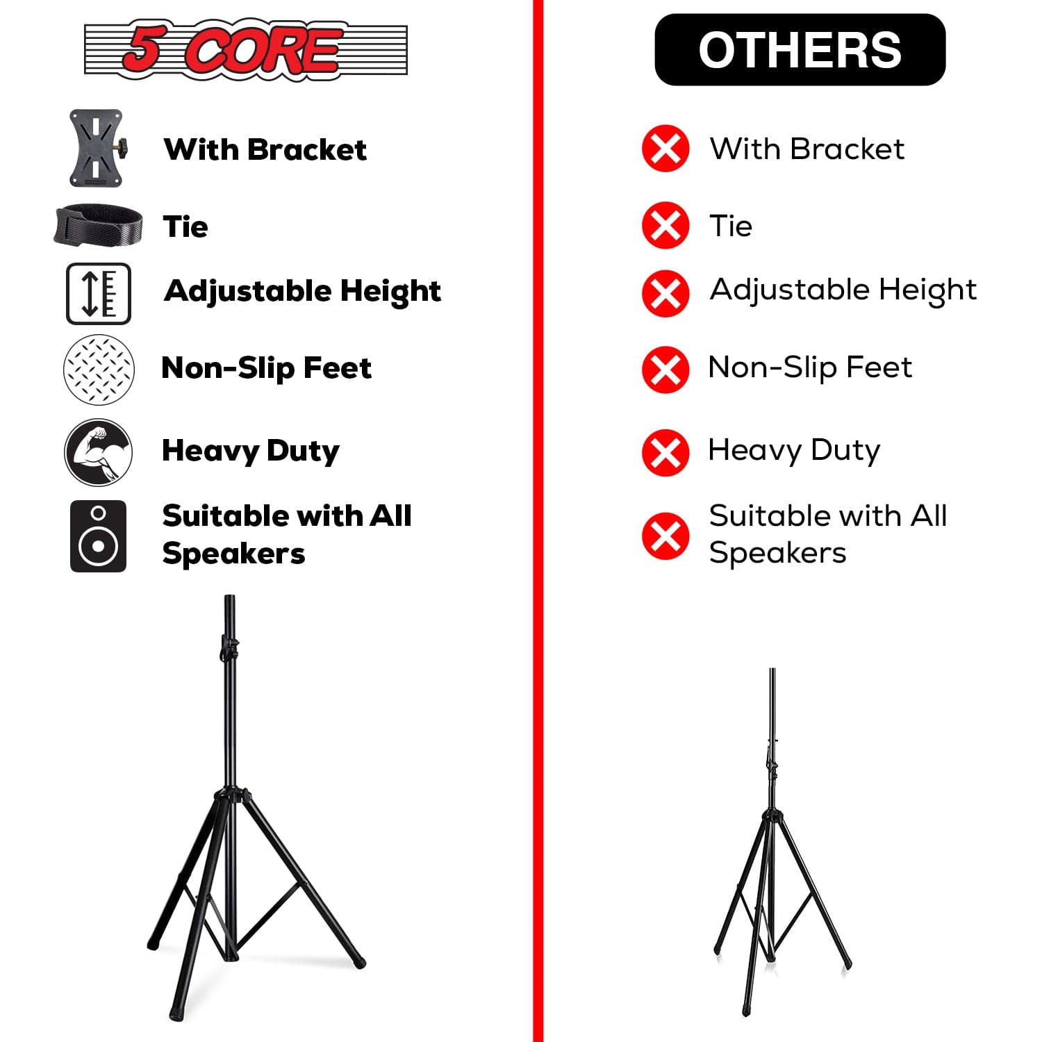 5Core Speaker Stand Tripod Tall Adjustable 72 Inch DJ Studio Monitor Stands Pole Mount BLACK