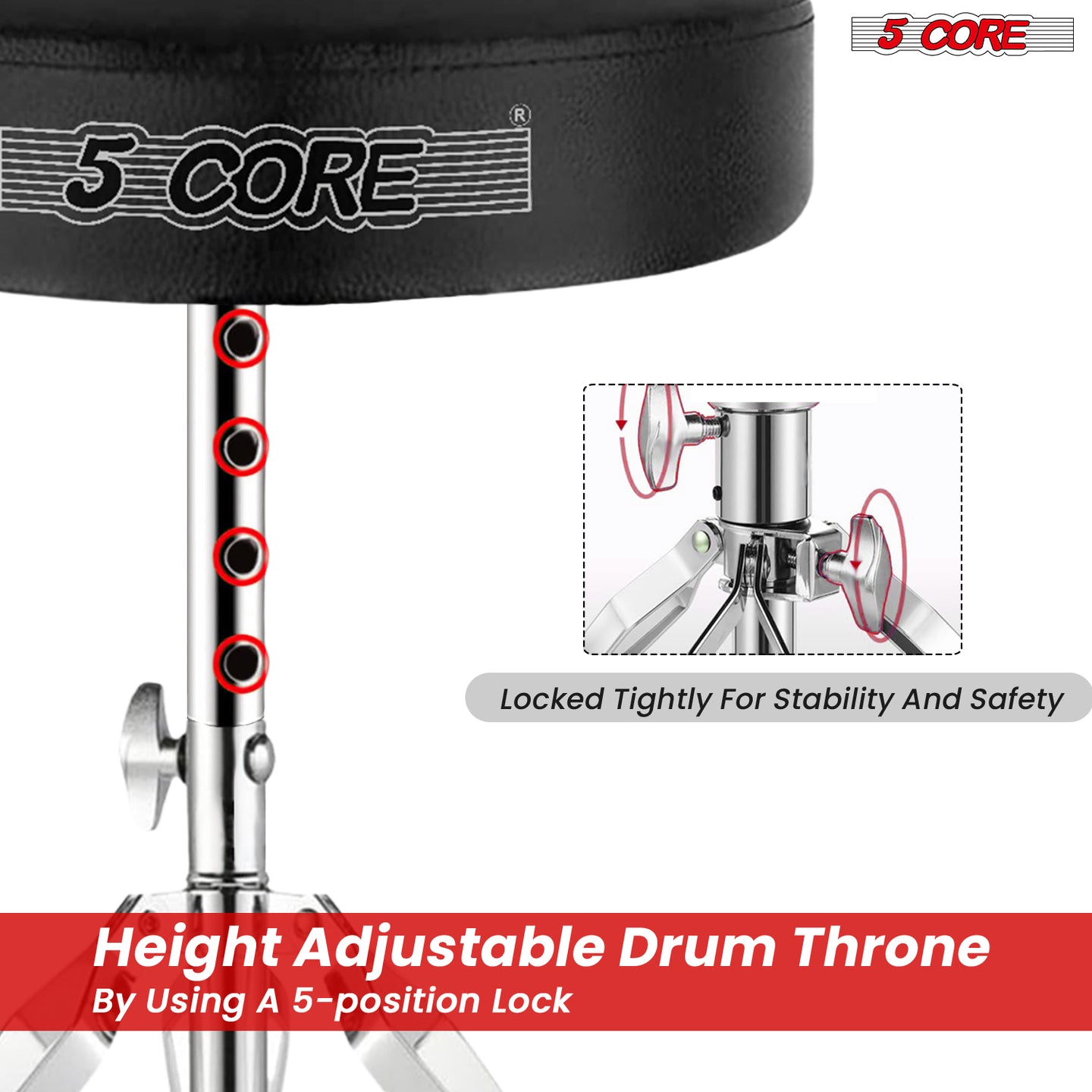 Throne chair designed with a 5-position lock for customized height, padded seat, and strong legs for stability.