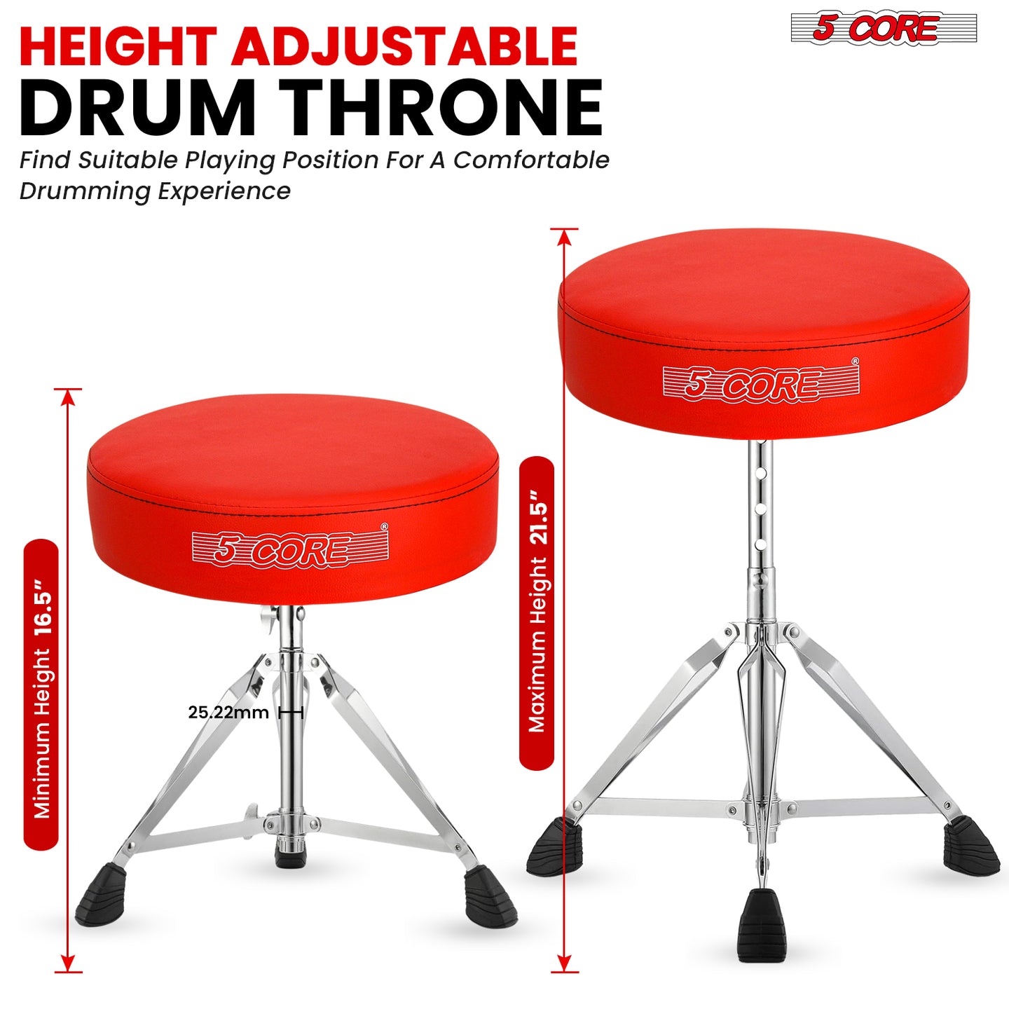 Drum seat designed for stability, offering a customizable height setting and a well-cushioned seat.