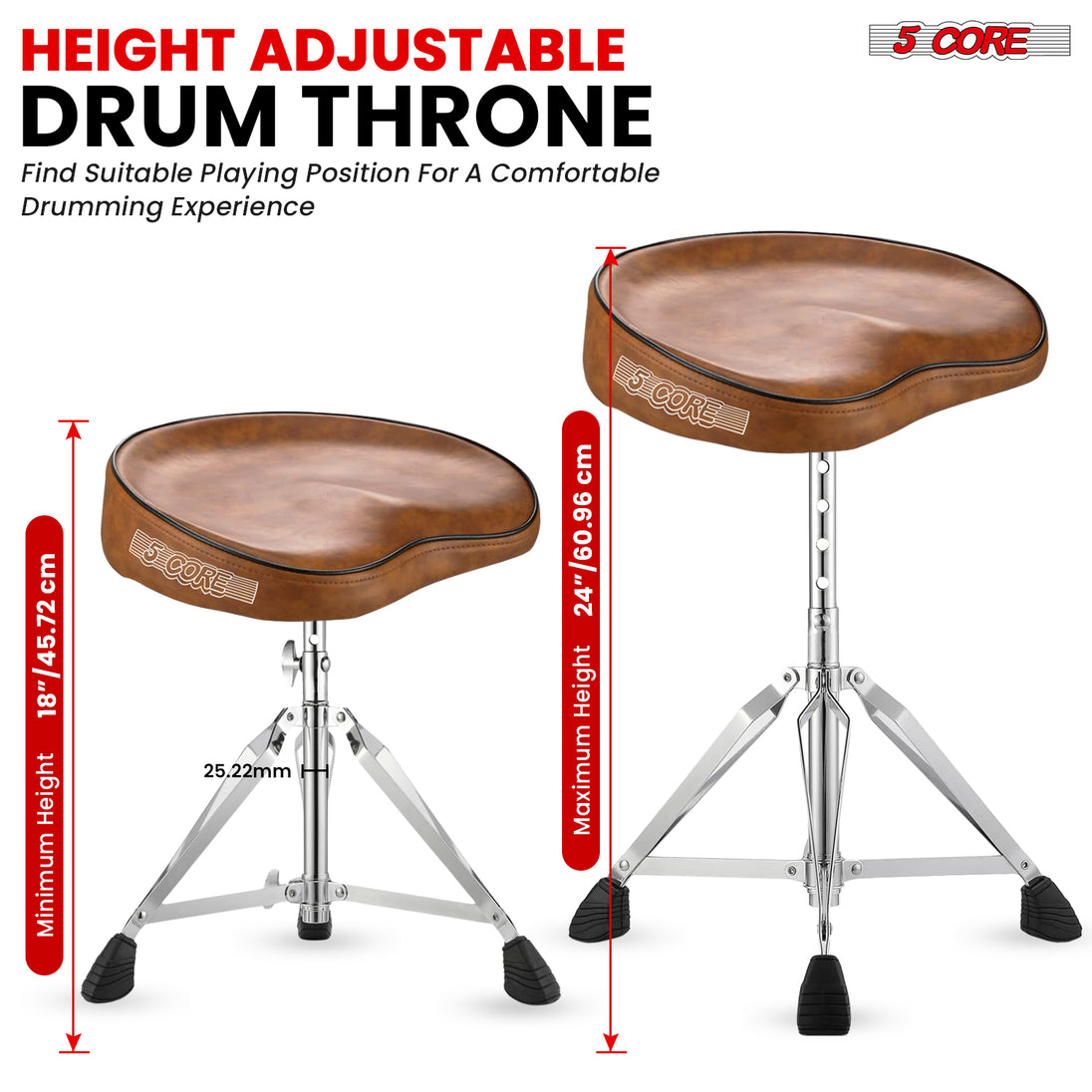 Height-adjustable stool for drum set, designed for adults with a sturdy build and cushioned seat for comfort.