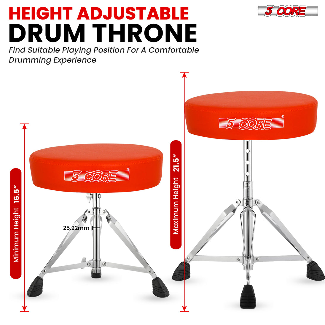 Drum seat with a height-adjustable design, ergonomic padding, and non-slip feet for secure use.