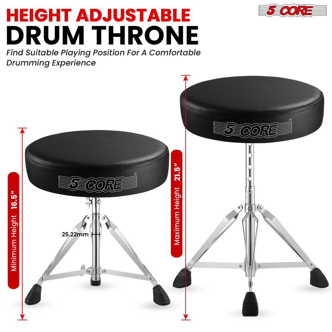 Adjustable height drum chair with a sturdy base, cushioned seat, and ergonomic design for comfortable playing.