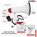 Powerful megaphone with handheld mic, PA mode, volume control, USB/SD card input, and wide audio projection.