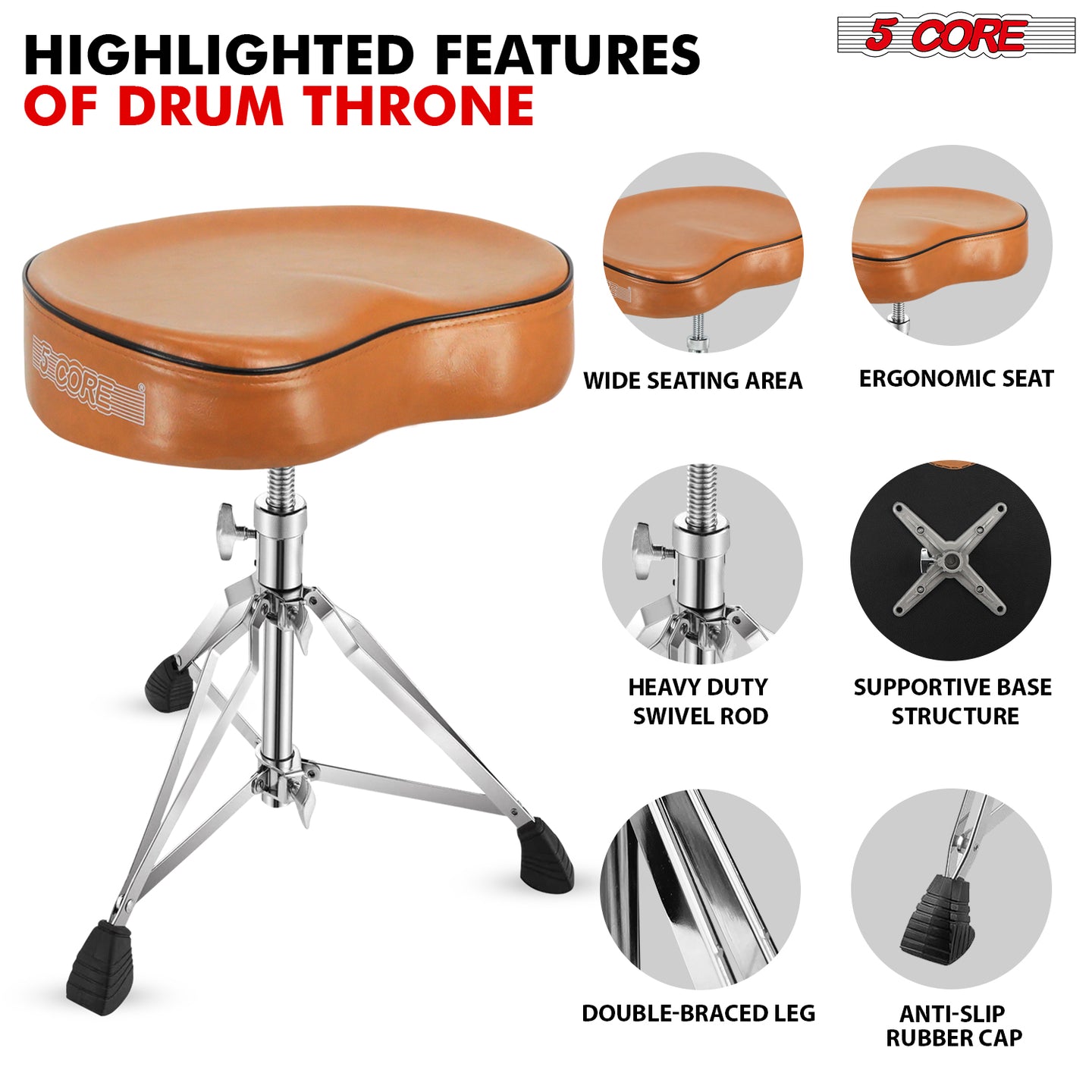 Durable drum seat with multiple features like height adjustment, tight lock, and stable base.