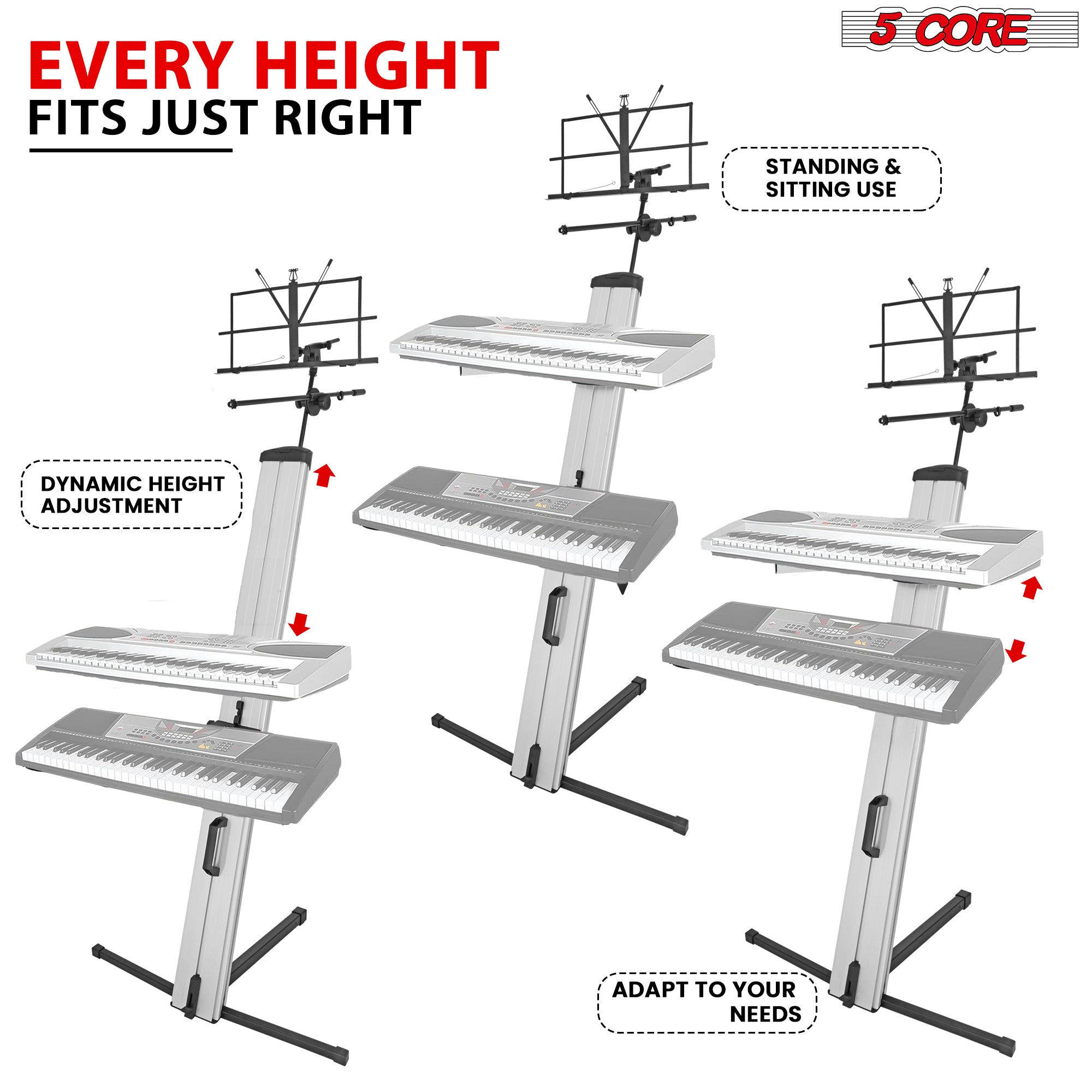 5 Core Column Keyboard Stand Riser 2 Tier w Mic Boom Arm Sheet Music Holder • Two Stage Tower Rack