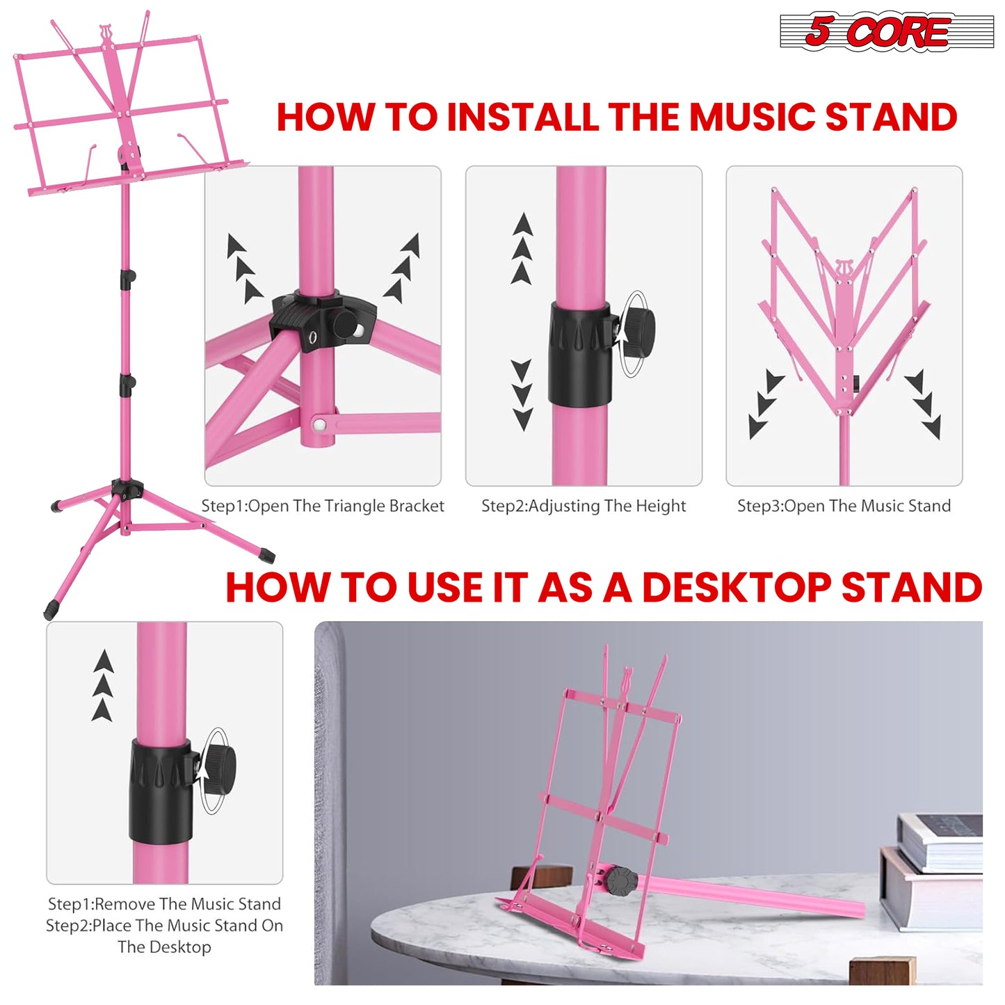 5 Core Music Stand, 2 in 1 Dual-Use Adjustable Folding Sheet Stand Pink / Metal Build Portable Sheet Holder / Carrying Bag, Music Clip and Stand Light Included - MUS FLD PNK