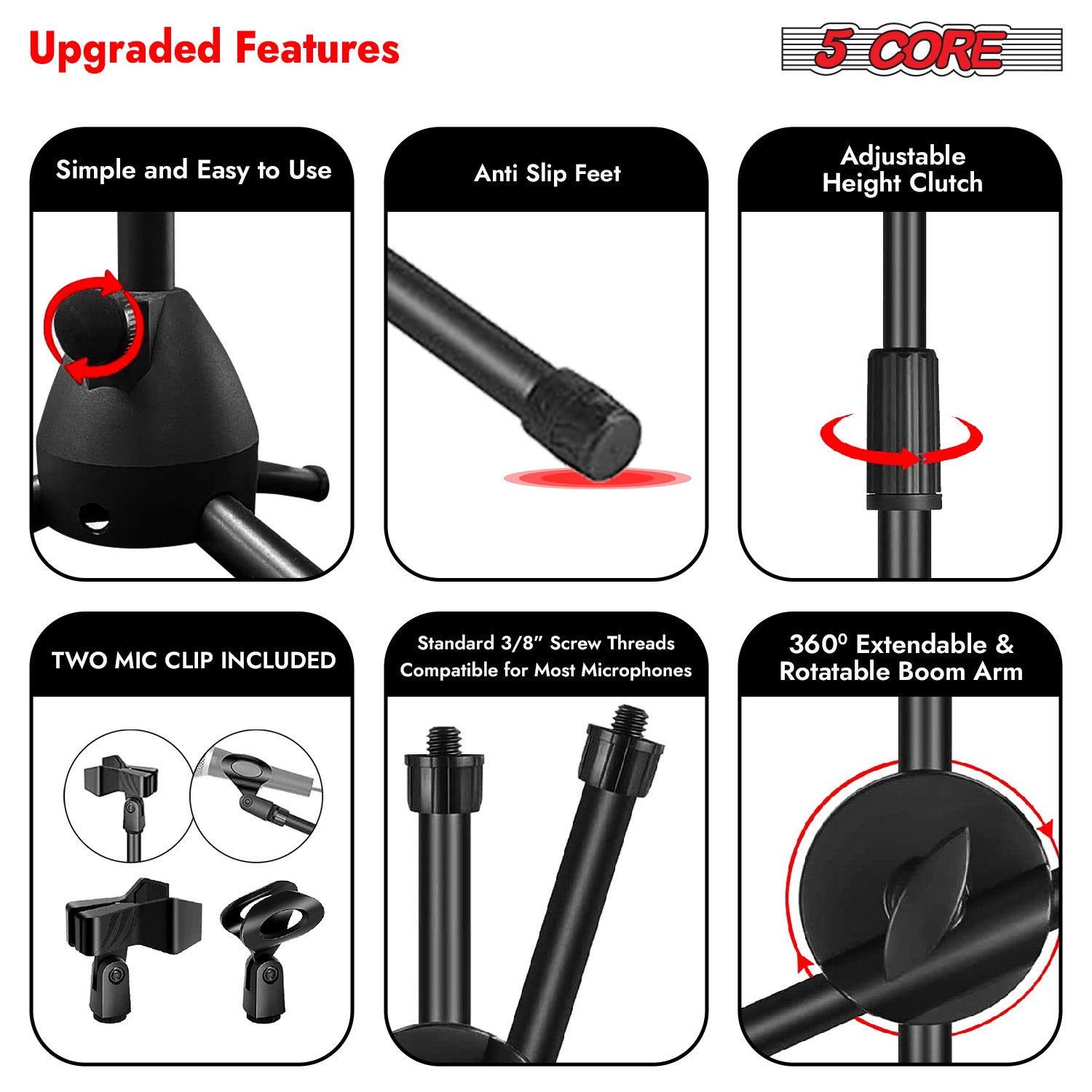 4Pcs 360° Rotating outlet Microphone Stand Mic Clip Boom Arm Foldable Tripod Black