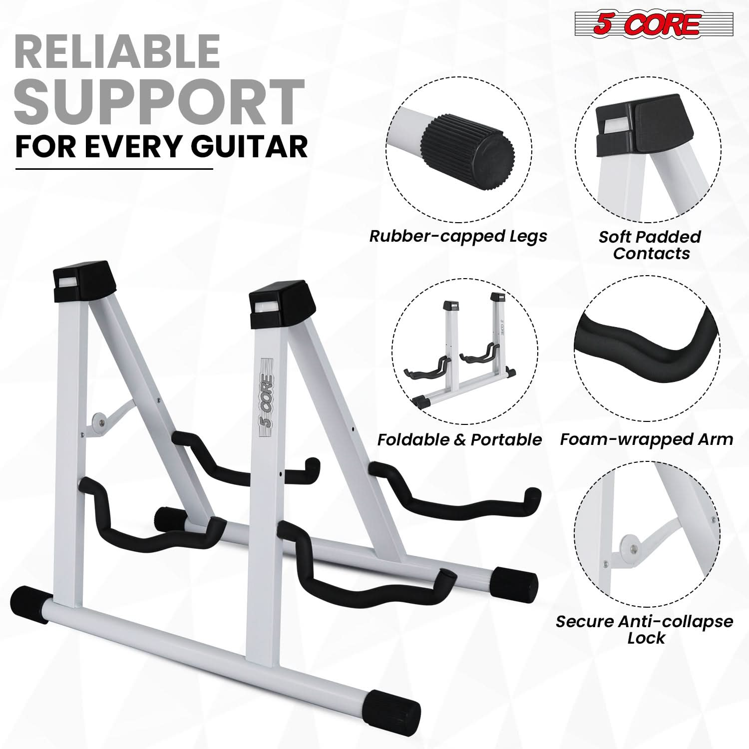 5Core Double Guitar Stand Floor Adjustable A Frame Folding Acoustic Electric Guitars Holder Stands White