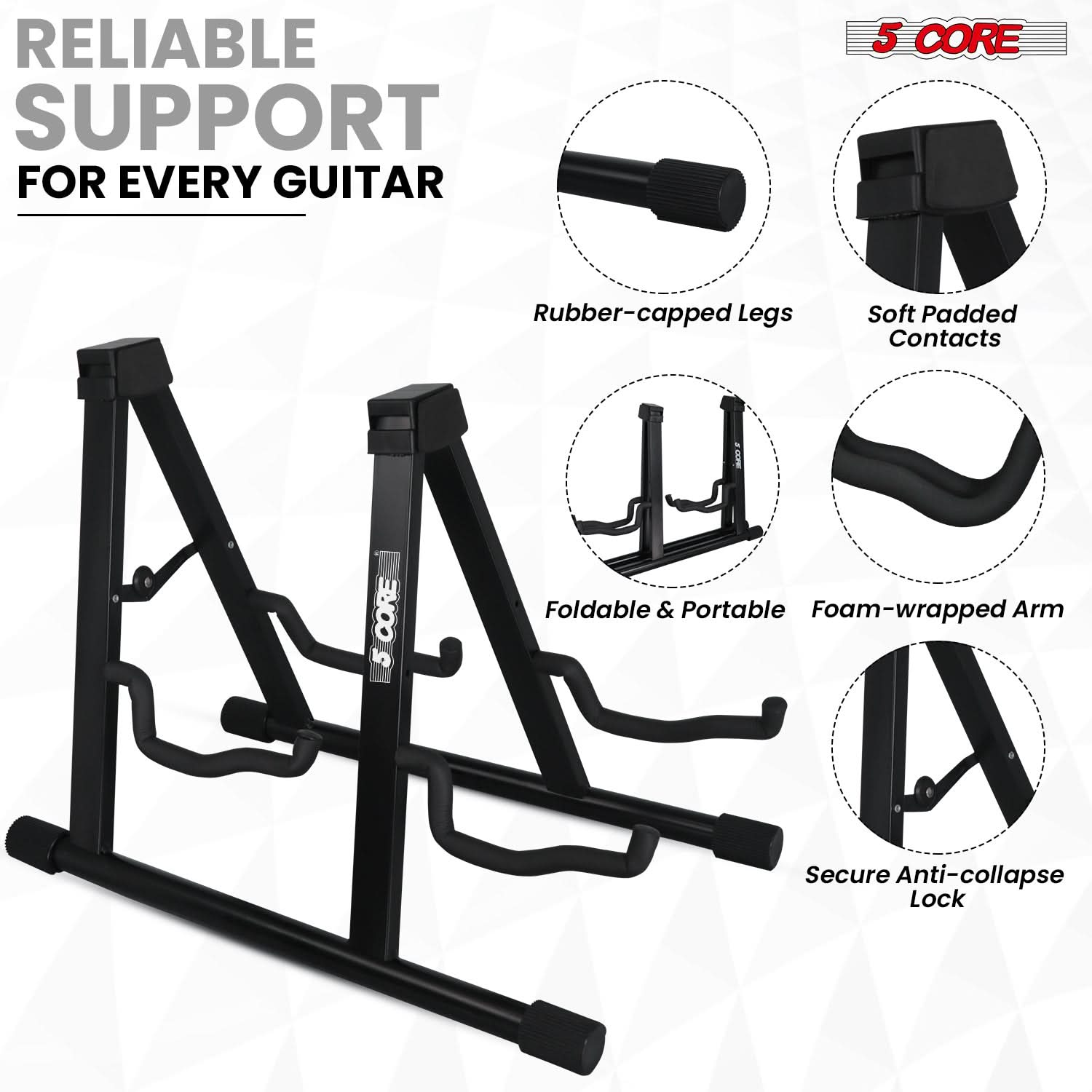 5Core Double Guitar Stand Floor Adjustable A Frame Folding Acoustic Electric Guitars Holder Stands Black