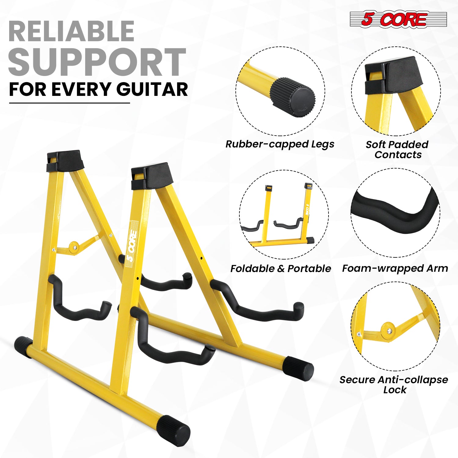 5Core Double Guitar Stand Floor Adjustable A Frame Folding Acoustic Electric Guitars Holder Stands Yellow