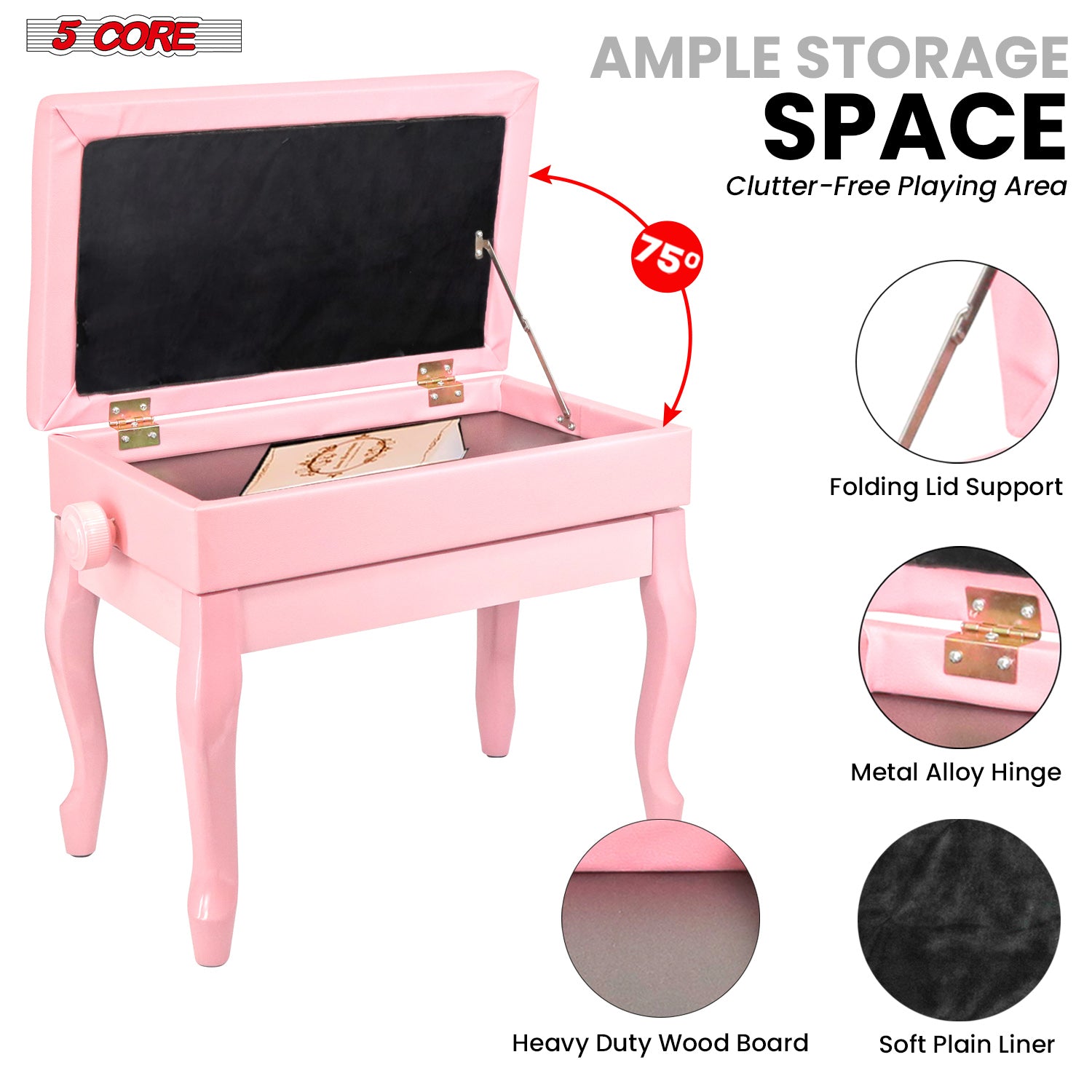 5 Core Piano Bench Wooden Height Adjustable Stool Heavy Duty Keyboard Seat with Storage PINK