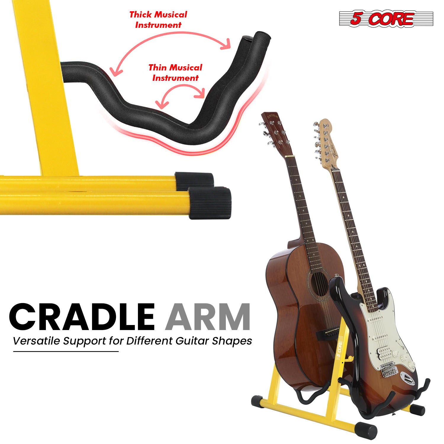 5Core Double Guitar Stand Floor Adjustable A Frame Folding Acoustic Electric Guitars Holder Stands Yellow