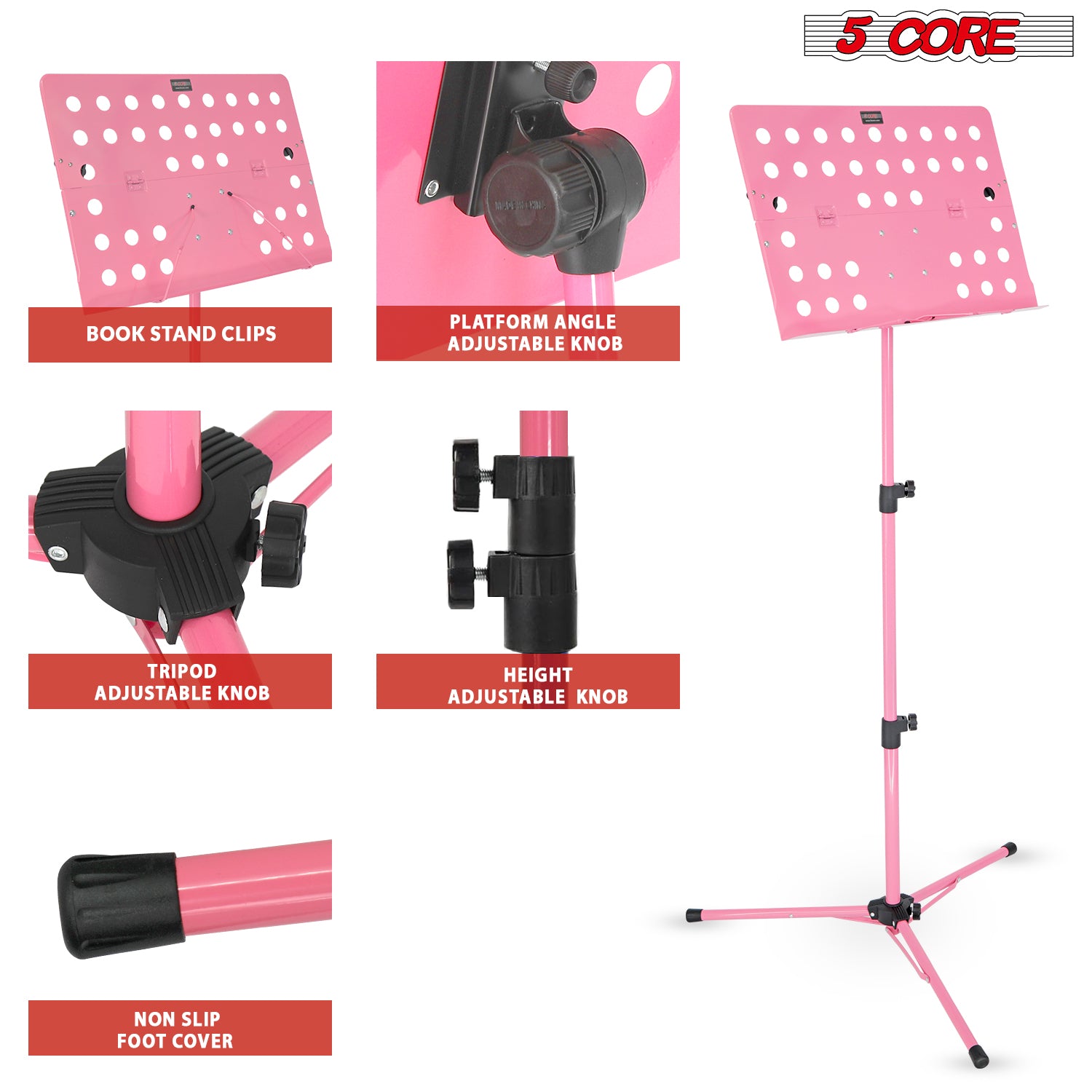 5Core Music Stand For Sheet Music Portable Tripod Adjustable Folding Note Holder PINK