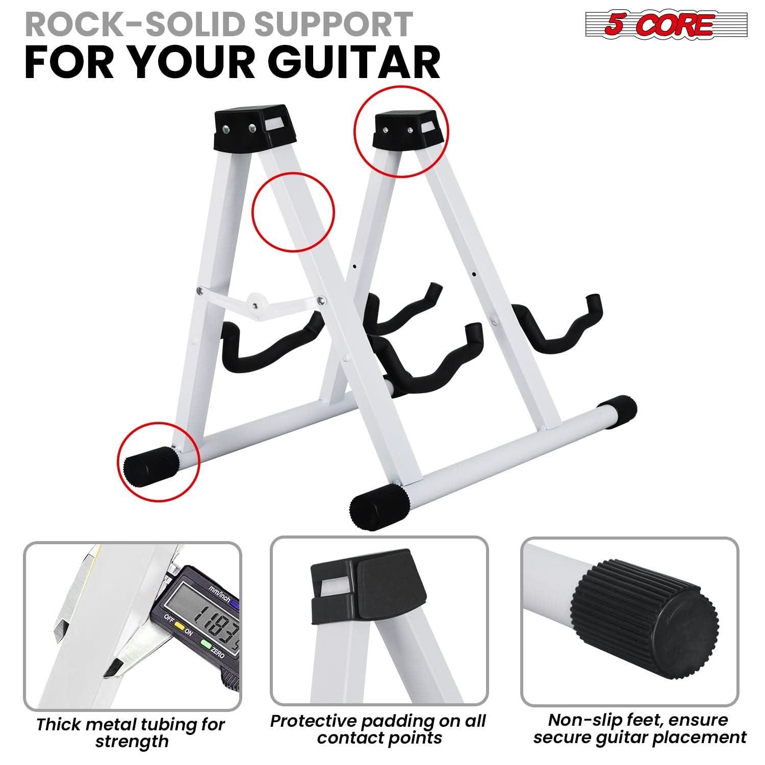 5Core Double Guitar Stand Floor Adjustable A Frame Folding Acoustic Electric Guitars Holder Stands White