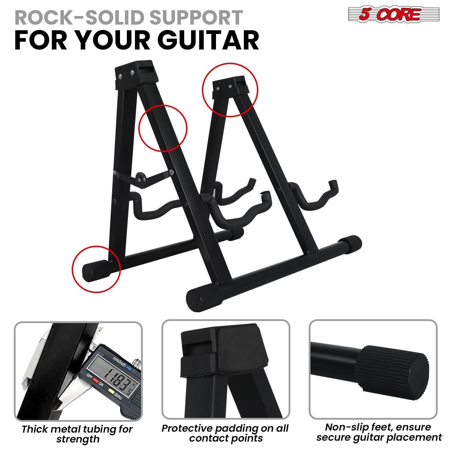 5Core Double Guitar Stand Floor Adjustable A Frame Folding Acoustic Electric Guitars Holder Stands Black