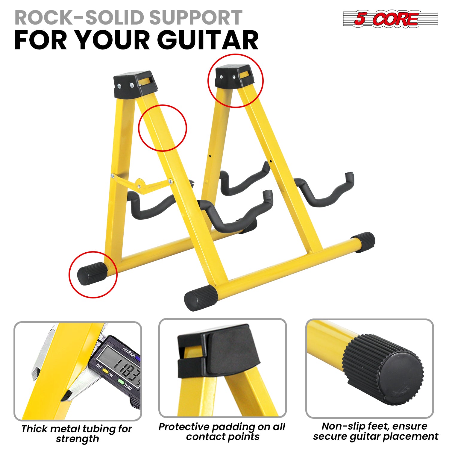 5Core Double Guitar Stand Floor Adjustable A Frame Folding Acoustic Electric Guitars Holder Stands Yellow