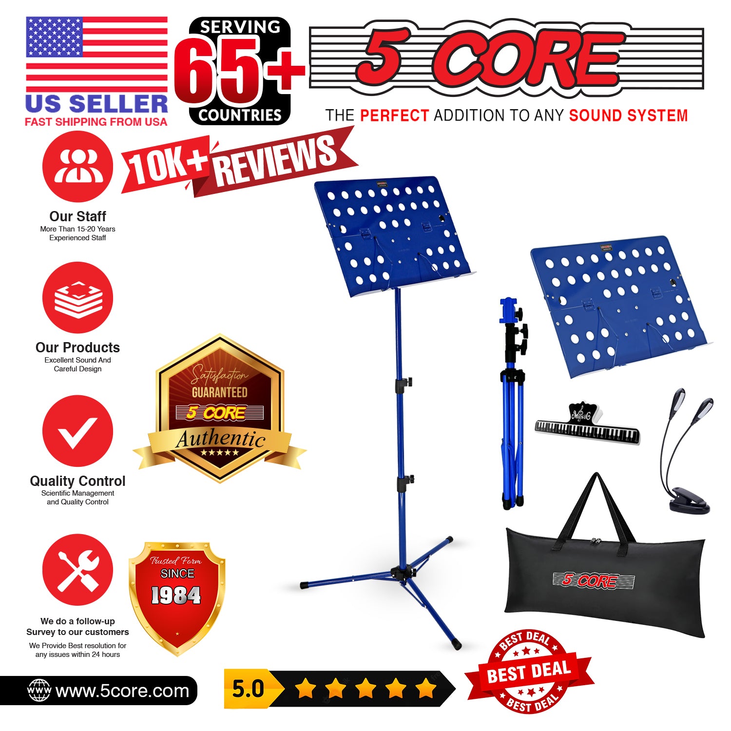 5Core Music Stand For Sheet Music Portable Tripod Adjustable Folding Note Holder BLUE