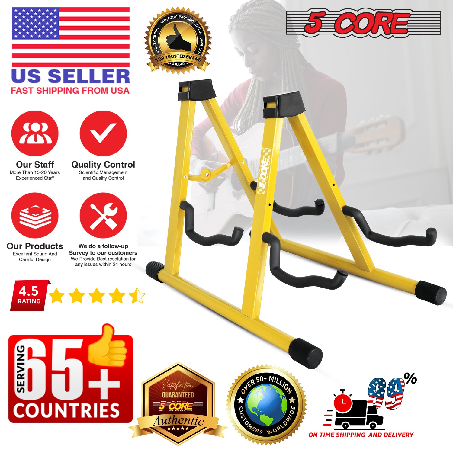 5Core Double Guitar Stand Floor Adjustable A Frame Folding Acoustic Electric Guitars Holder Stands Yellow