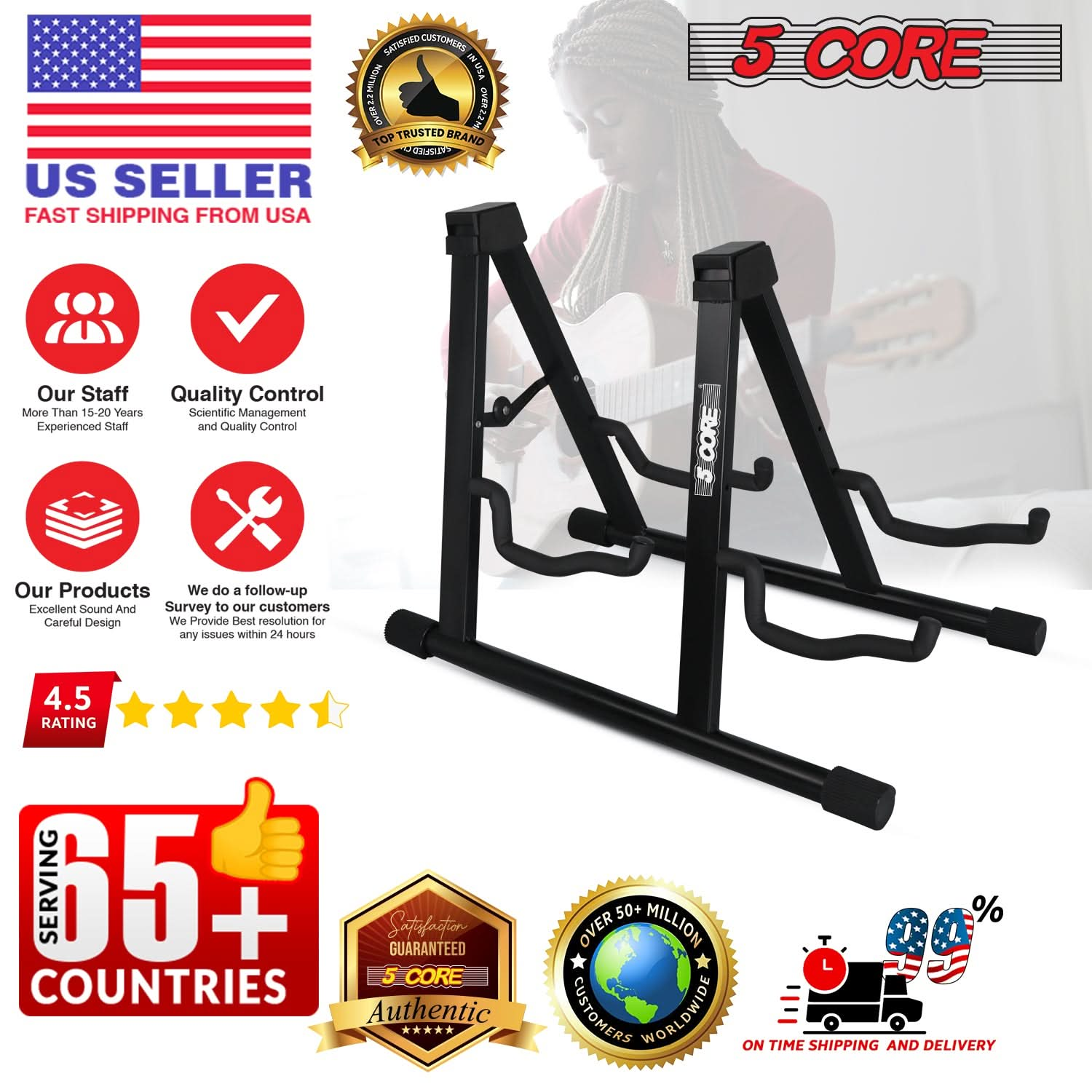 5Core Double Guitar Stand Floor Adjustable A Frame Folding Acoustic Electric Guitars Holder Stands Black